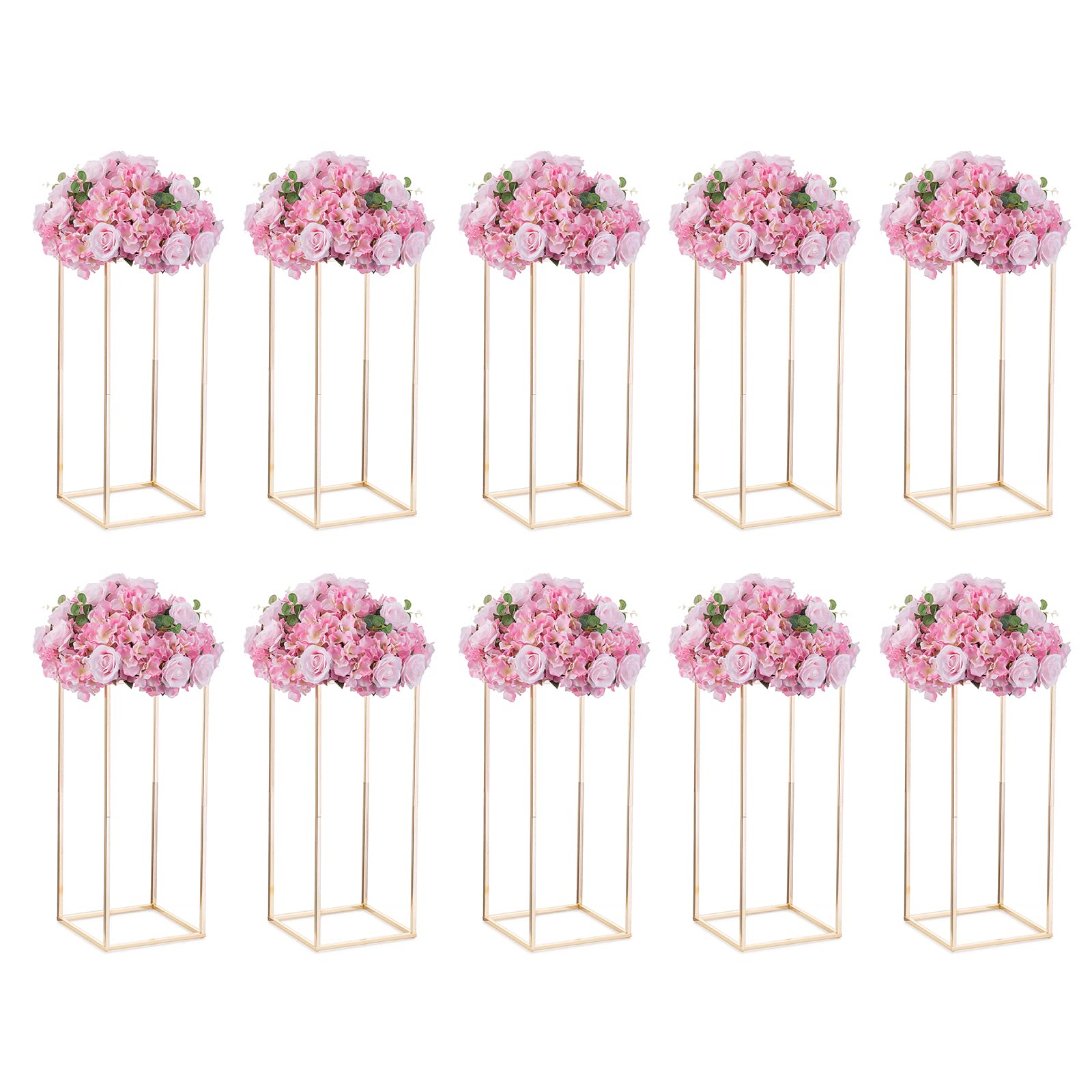 NUPTIO 10-Pack 23⅝ Inch Tall Gold Metal Vase Column Stands with Acrylic Panels - Elegant Wedding Centerpieces, Flower Stands for Table Decorations - Perfect for Weddings, Parties, Banquets & Special Events