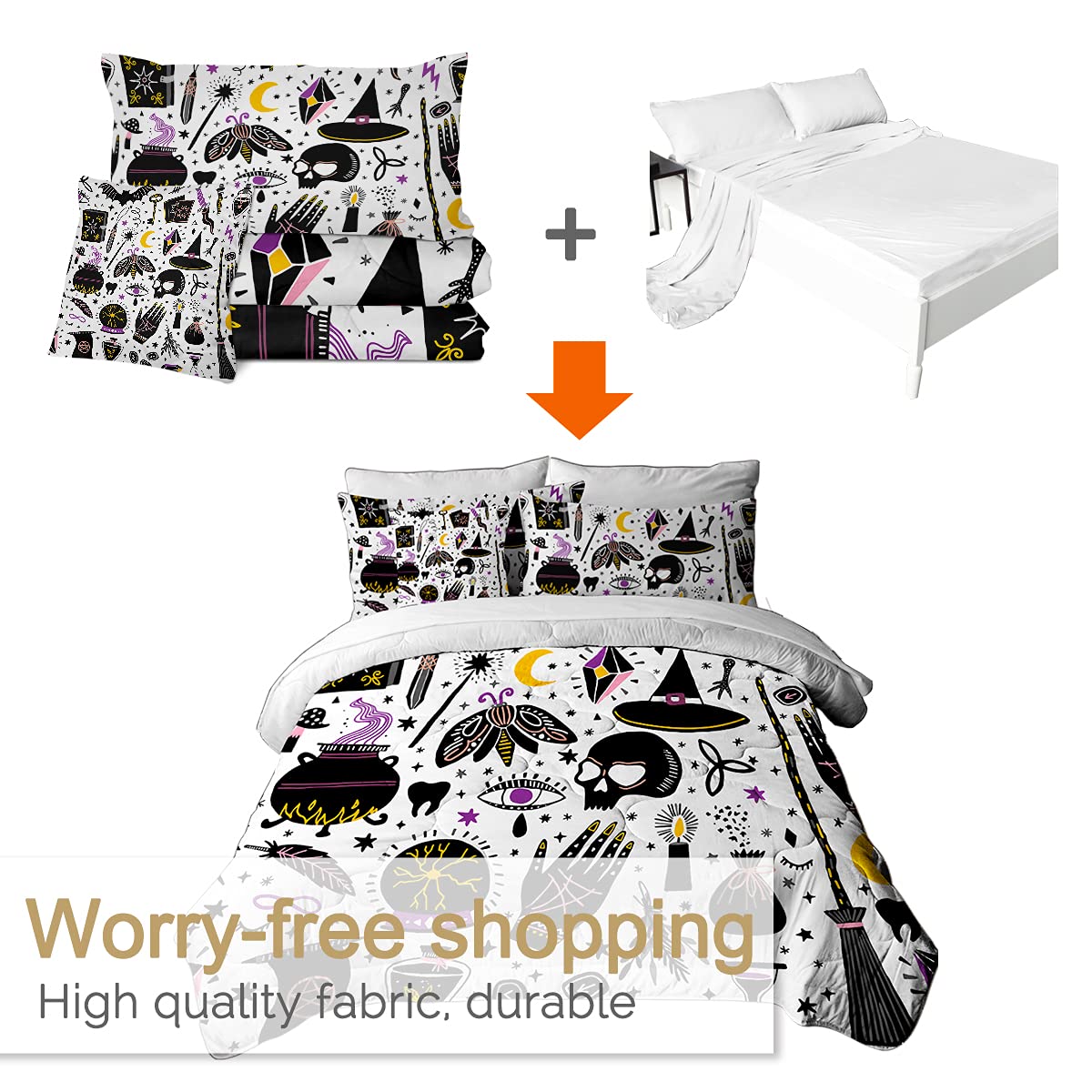 BlessLiving Witchcraft Queen 8-Piece Halloween Comforter Set - All Season Down Alternative Bedding with Comforter & Sheets for Adults, Men & Women | Gothic Bedroom Decor for Spooky Season & Witch-Themed Rooms