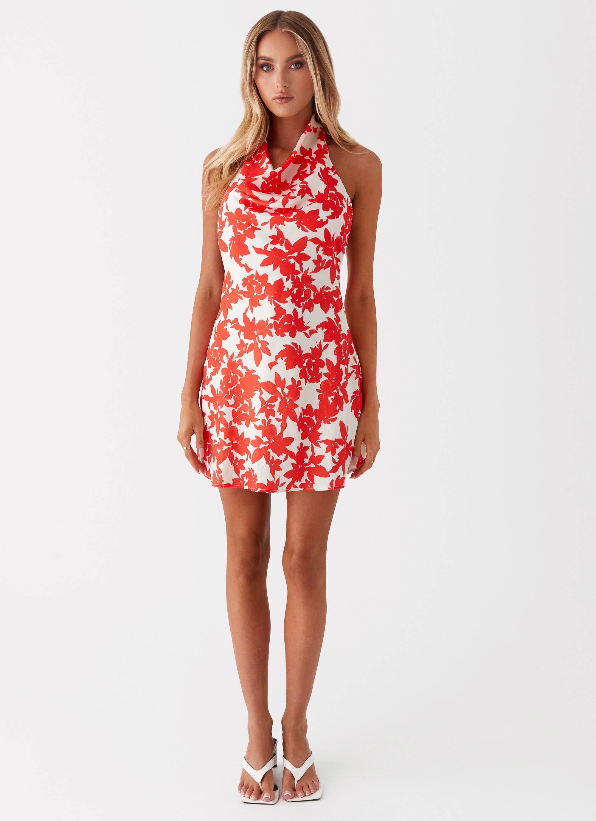 Carmine Bouquet Cowl Neck Mini Dress - Red Floral Print Women's Party Dress for Evening Events, Date Night & Special Occasions