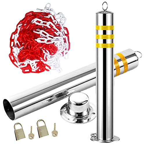 Removable Metal Driveway Barrier - 2 Pack Parking Bollards with 5m Plastic Chain & Reflective Road Markers (650x89mm) for Secure Parking, Driveway Protection & Traffic Control