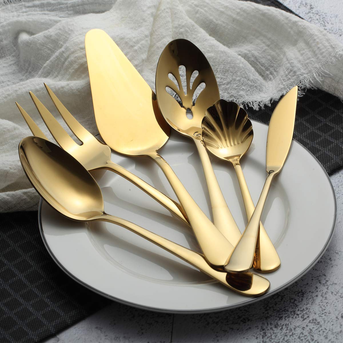 Berglander 6-Piece Stainless Steel Gold Titanium Plated Flatware Set - 5 Serving Utensils + Cake Server - Elegant Golden Silverware for Dinner Parties, Weddings & Formal Dining (Shiny Gold Finish)