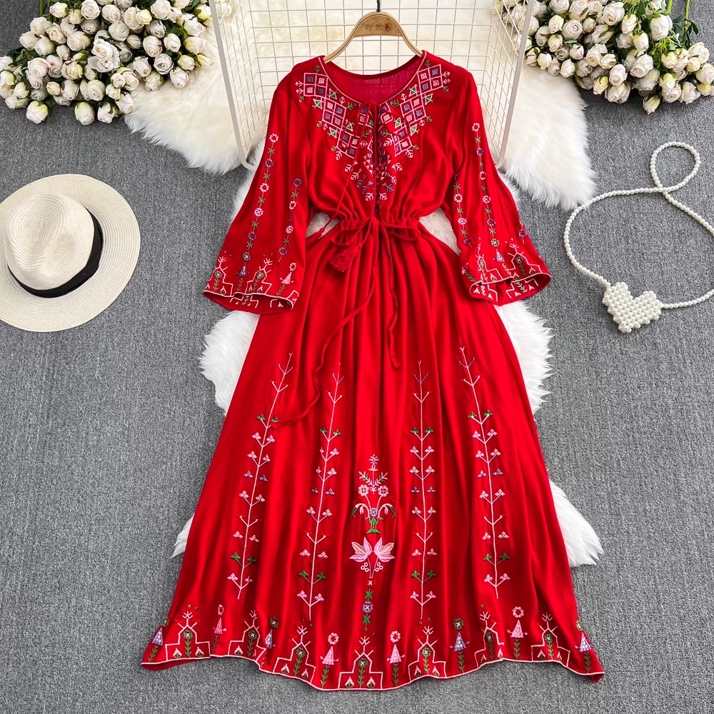 Bohemian V-Neck Embroidered Elegant A-Line Cotton Dress for Women | Summer Casual Boho Maxi Dress for Beach, Vacation & Outdoor Events