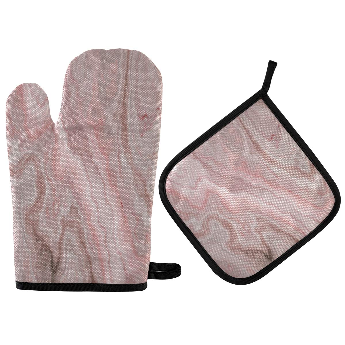 Heat Resistant Oven Mitts and Pot Holders Set - Rose Gold Marble Pink Non-Slip Kitchen Gloves for BBQ, Grilling, Baking, Cooking, Oven & Microwave - Perfect for Home Kitchen, Camping & Outdoor Cooking