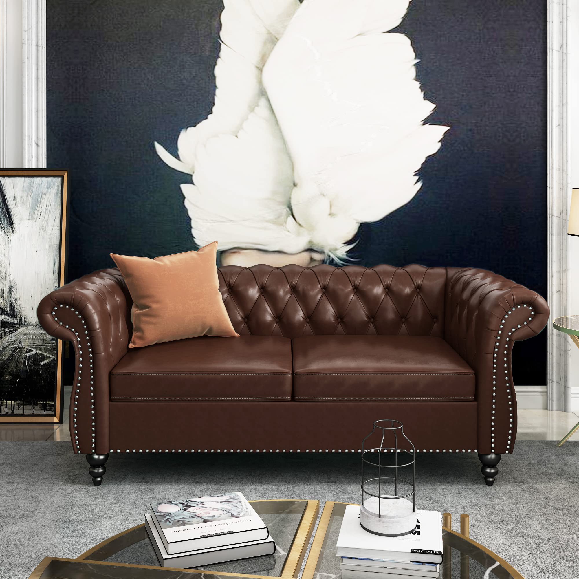 2-Piece Chesterfield Leather Sofa Loveseat Set with Scroll Arms & Nailhead Trim - Dark Brown Living Room Furniture for Home, Office & Lounge Spaces