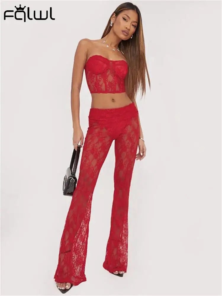 Sexy Red Lace Sheer Strapless Bodycon Crop Top & Pants Set for Women | 2-Piece Club Outfit | Perfect for Parties, Nightclubs & Date Nights | 2023 Fashion Trend
