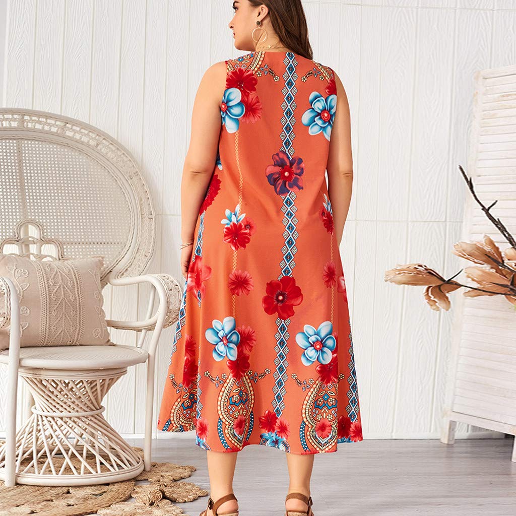 HHmei Plus Size Women's Floral Print Sleeveless V-Neck Boho Sundress - Perfect for Beach Vacations, Summer Parties & Casual Outings