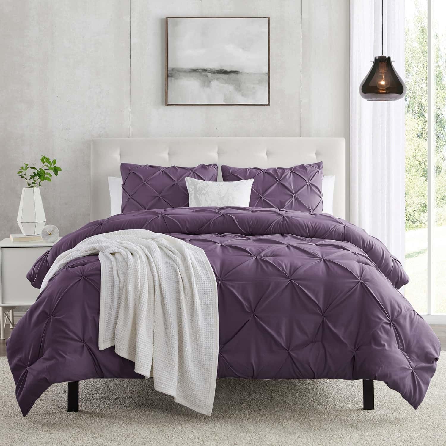 Queen Size 3 Piece Duvet Cover Set - Ultra Soft Microfiber Pintuck Comforter Cover with Button Closure (90x90 Inches) & 2 Pillow Shams - Pinch Pleated Luxury Bedding in Purple Eggplant Color | Perfect for Master Bedrooms, Guest Rooms & Cozy Home Decor