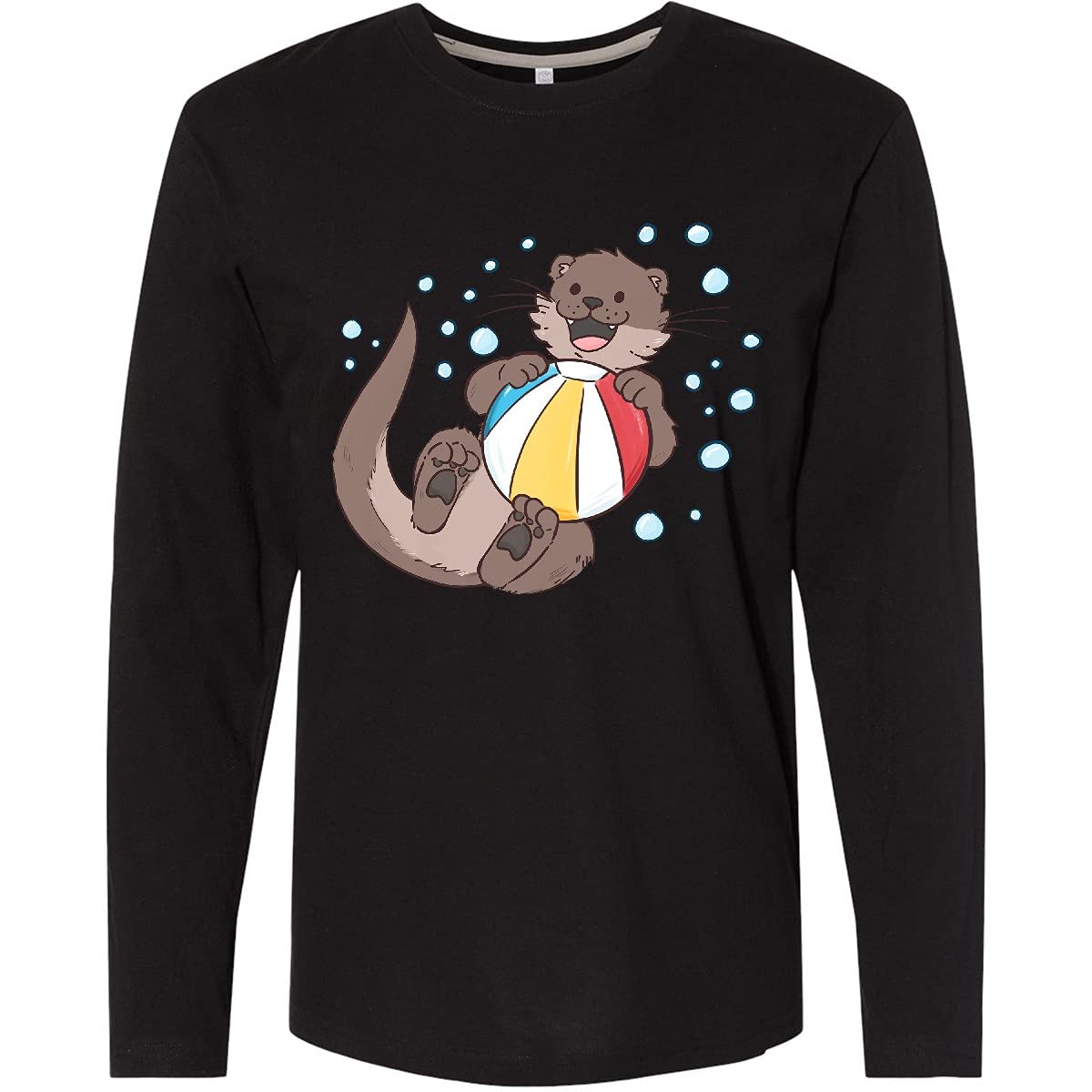 Cute Otter with Beachball and Bubbles Graphic Long Sleeve T-Shirt for Men & Women | Soft Cotton Casual Top for Beach Vacation, Summer Outfits and Animal Lovers