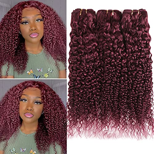 XCCOCO Brazilian Curly Human Hair 3 Bundles (10 12 14 Inch) 99J Red Wine Kinky Curly Hair Weft - 100% Real Human Hair for Weaving, Extensions & Styling - Perfect for Daily Wear, Parties & Special Occasions