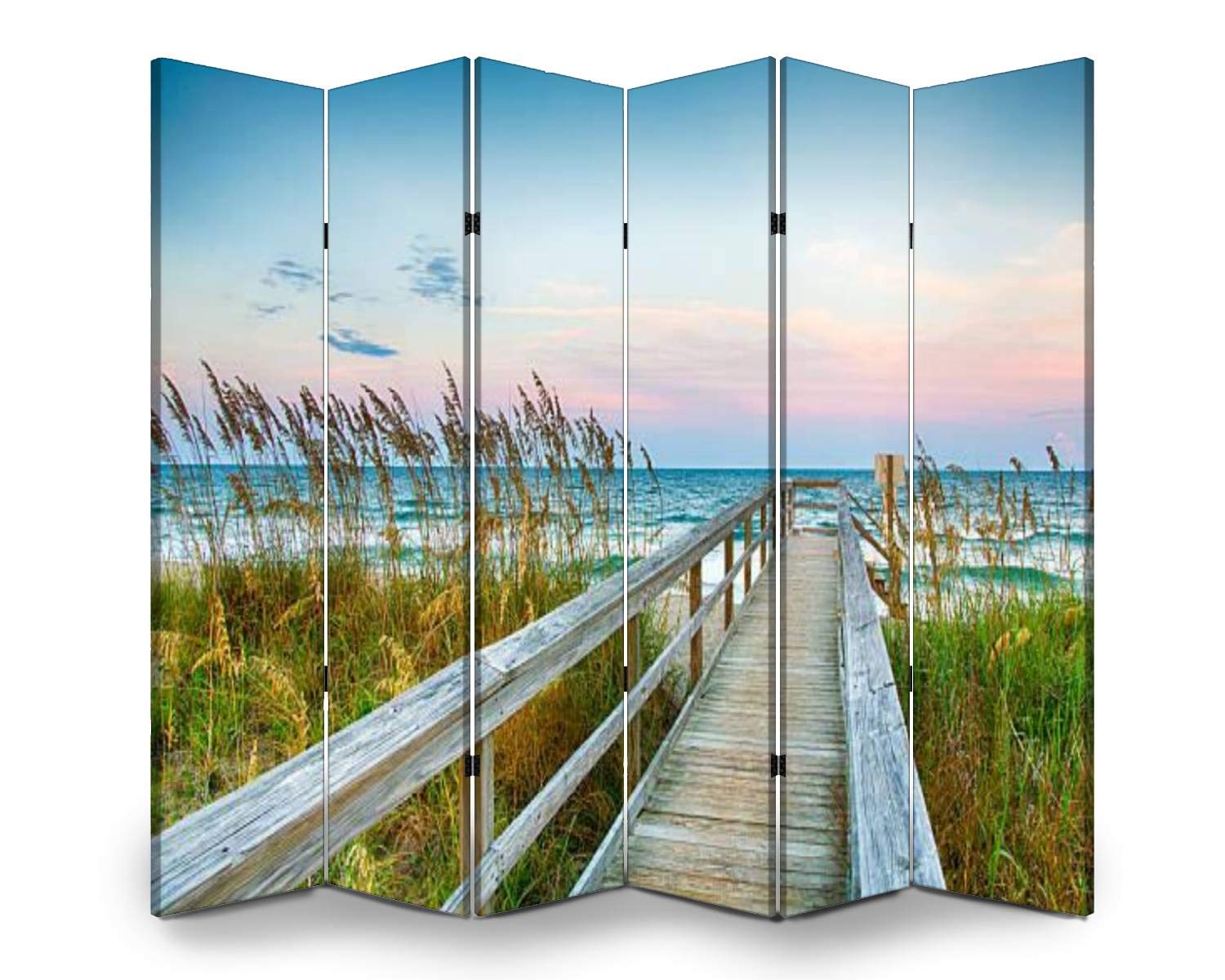 Wooden Screen Room Divider - Beach Boardwalk Design Folding Privacy Partition with Dual-Sided Canvas Panels (6 Panels) - Perfect for Home Office, Bedroom Separation & Indoor Display Shelves
