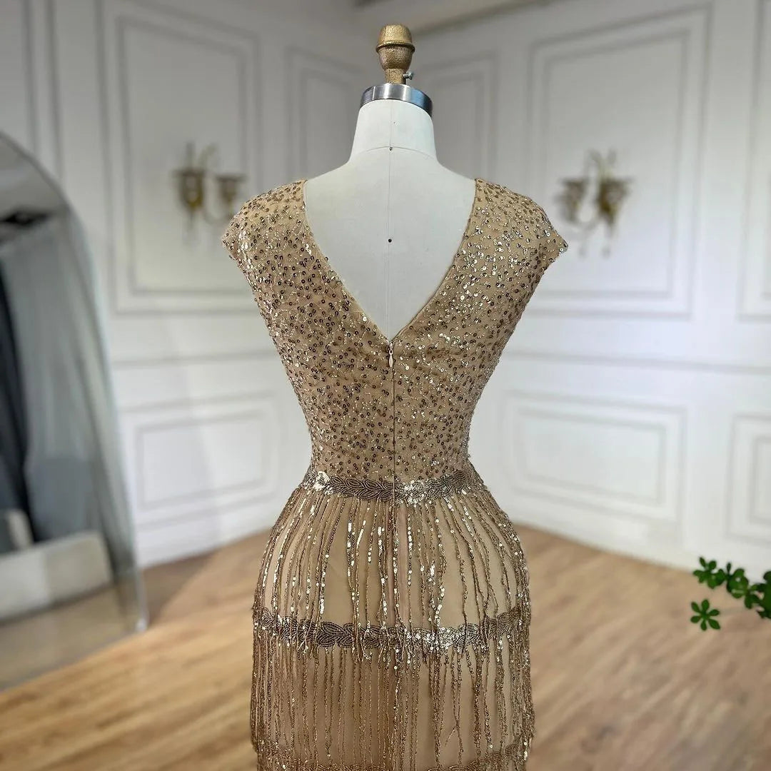 Luxury Dubai Arabic Mermaid Evening Gown with Gold Tassel Beading - Elegant Women's Wedding Party Dress 2025 (LA72581) | Perfect for Bridal Showers, Red Carpet Events & Formal Occasions