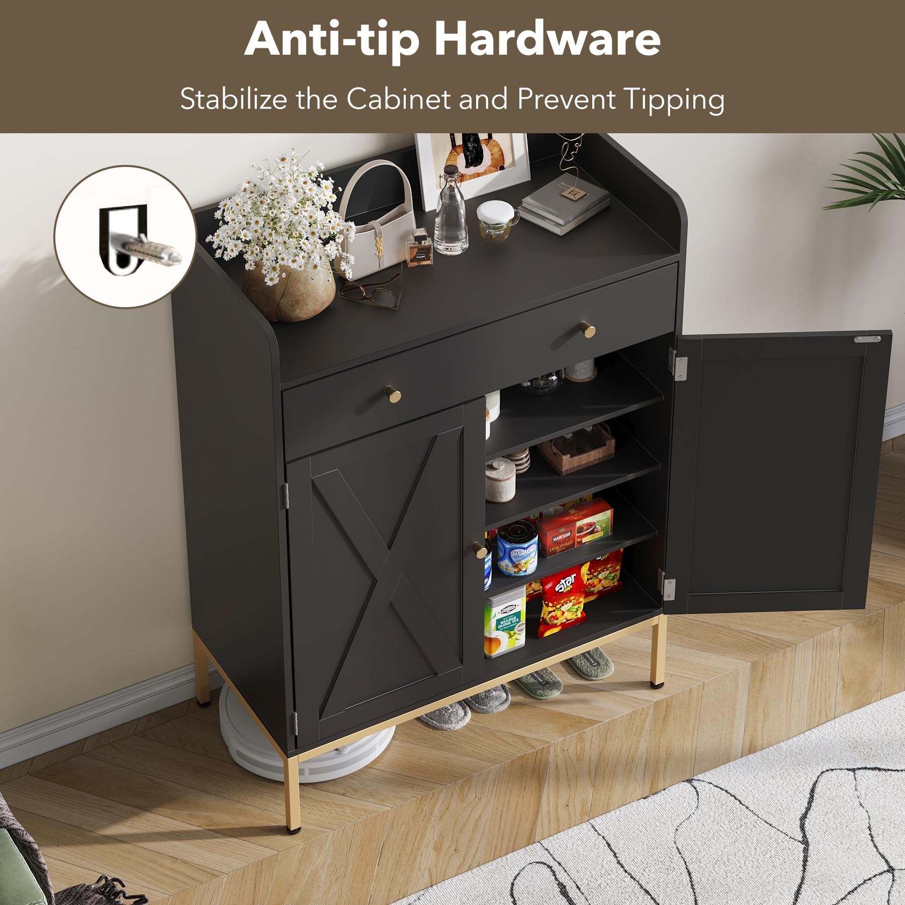 Maupvit 20-Pair Shoe Storage Cabinet with Doors & Drawers - Adjustable Shelves, Metal Legs - 43