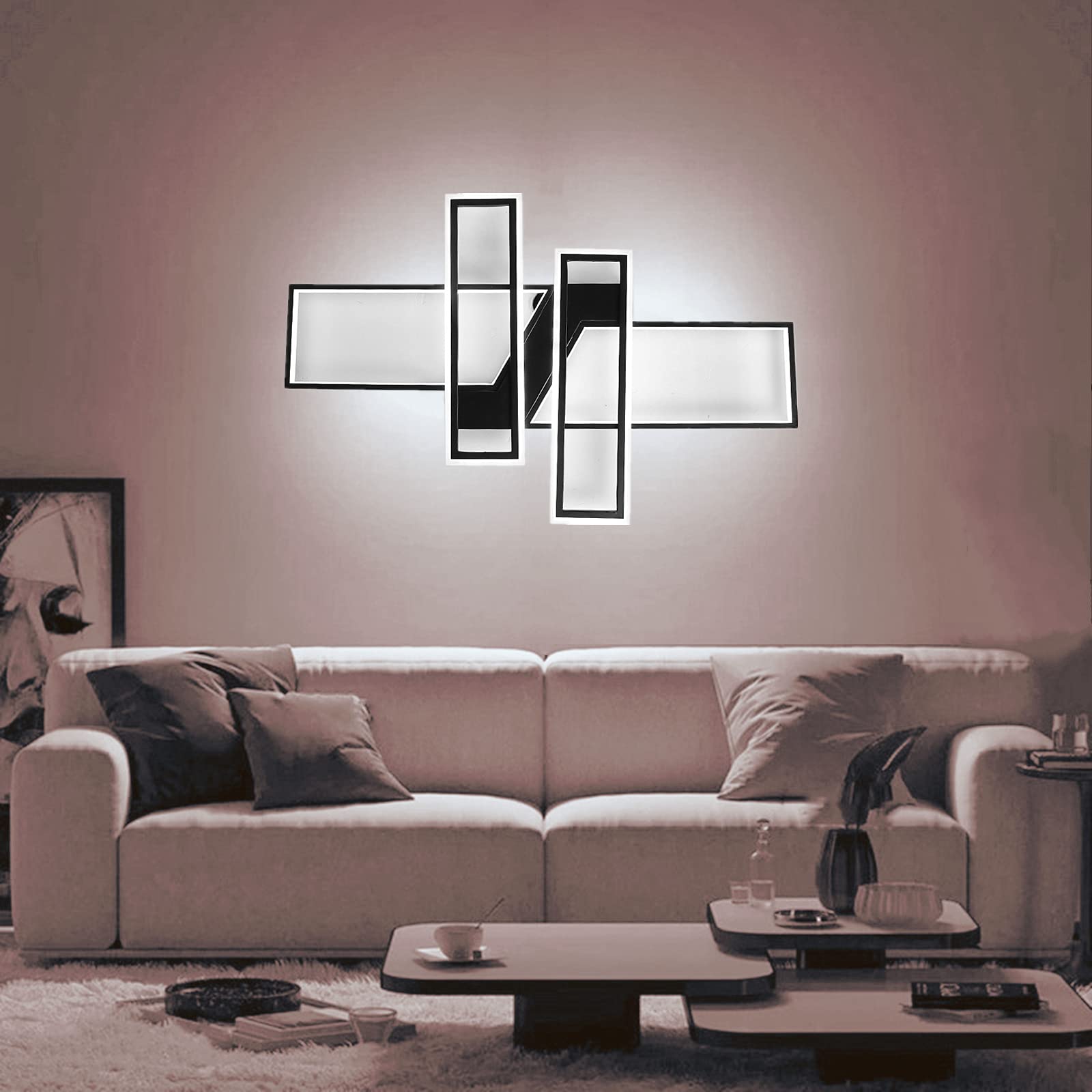 35.4 Inch Modern Black Dimmable LED Ceiling Light Fixture - 94W Rectangular Chandelier with Remote Control, Flush Mount Geometric Lighting for Dining Room, Living Room & Bedroom | Perfect for Contemporary Home Decor and Ambient Lighting