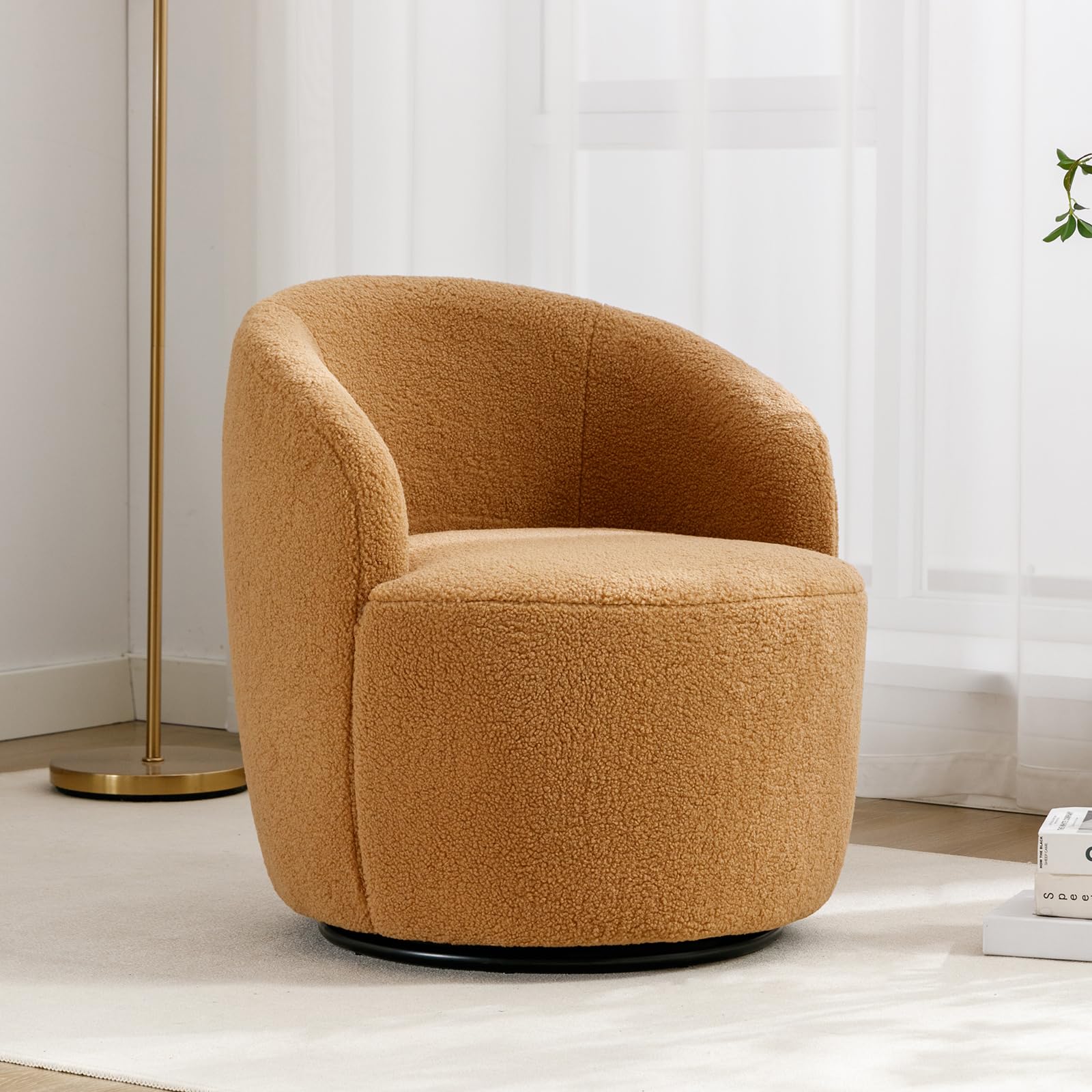 KIVENJAJA 360 Degree Swivel Barrel Chair - Modern Round Accent Armchair with Teddy Sherpa Upholstery, Small Single Sofa Chair for Nursery, Living Room, Bedroom - Cozy Seating for Reading Nooks, Home Offices & Lounge Areas (Teddy, Camel)