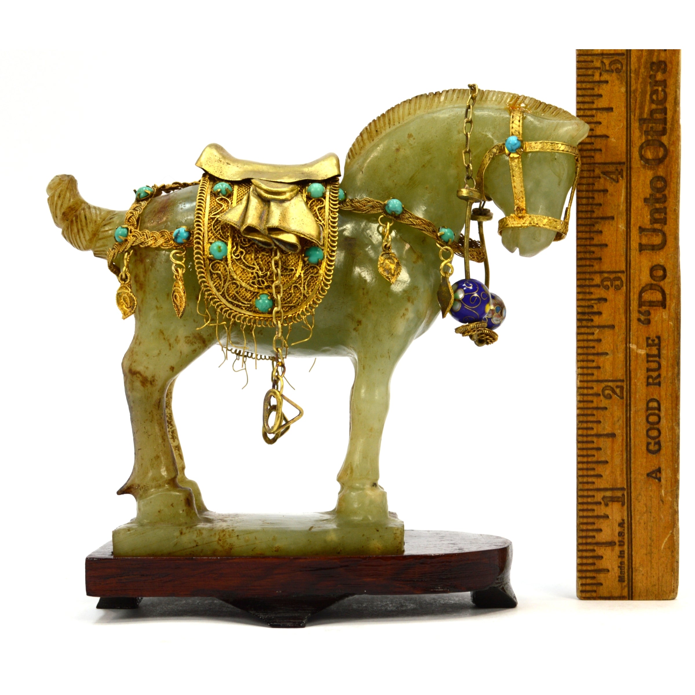 Antique Chinese Carved Jade Horse with Gold Gilt & Enamel Jeweled Saddle Bridle - Collectible Asian Artwork - Perfect for Home Decor, Gift Giving & Feng Shui Display