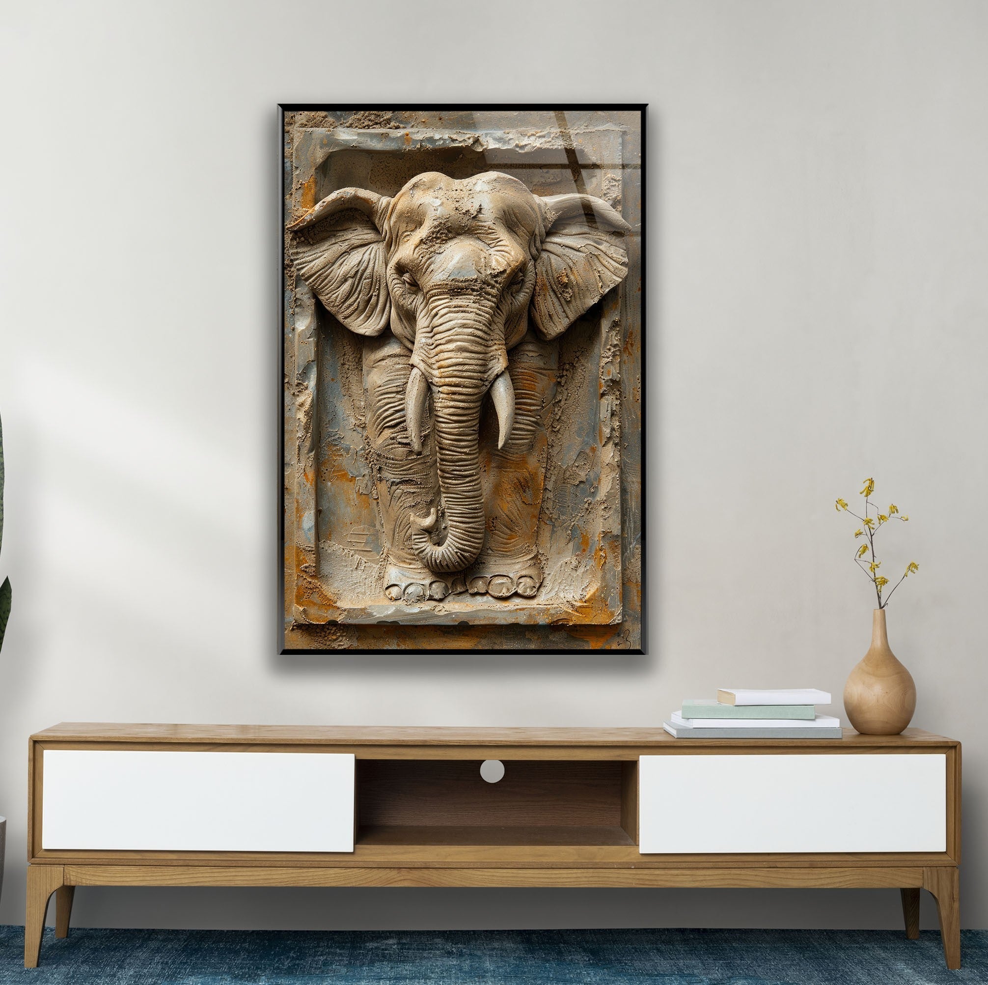 3D Elephant Stone Art Glass Wall Decor - Handmade Modern Home Decor for Living Room, Bedroom, Office - Unique Gift Idea for Animal Lovers