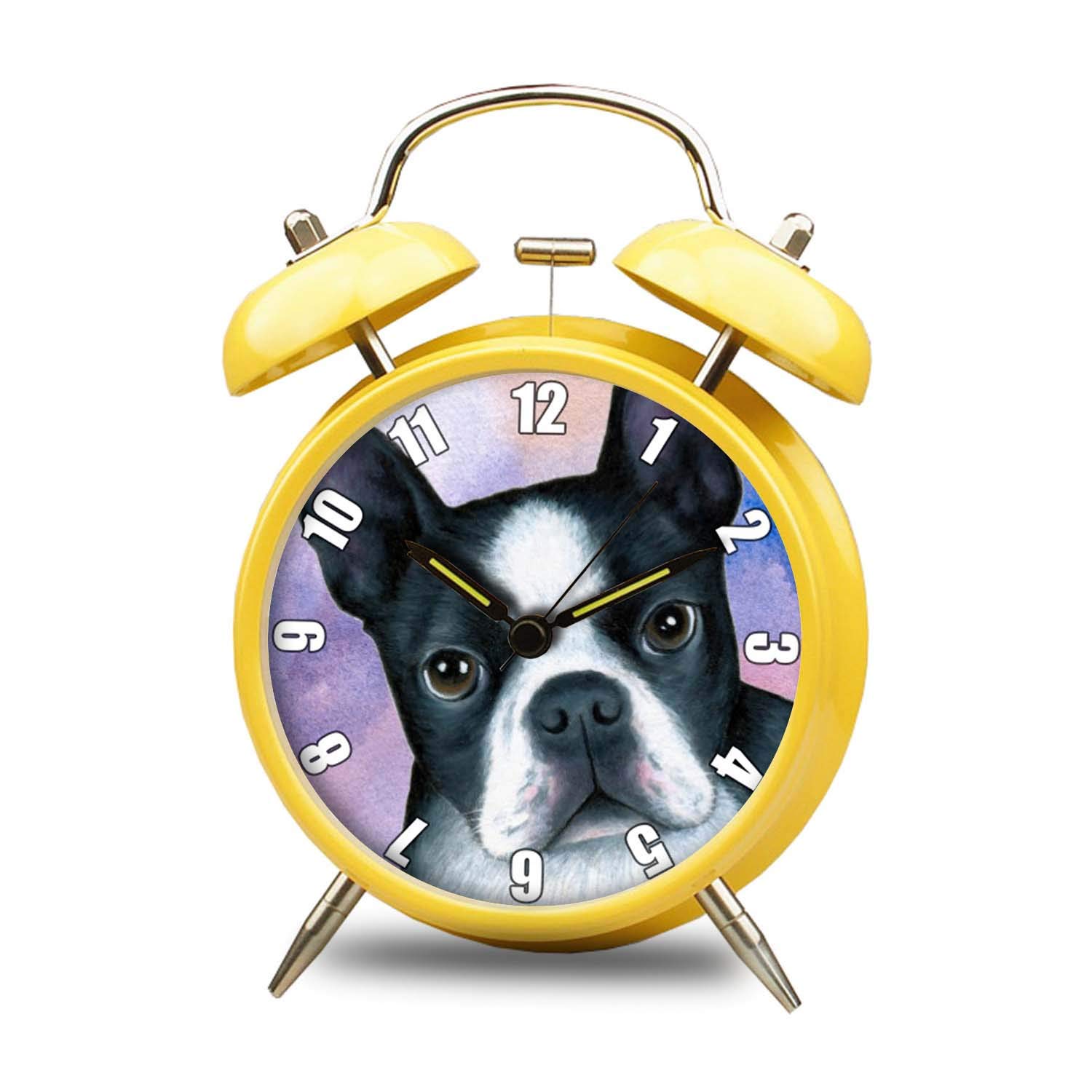 **GIRLSIGHT 4-Color Cute Retro Round Double Bell Alarm Clock - Loud Ringing, Portable Desktop/Bedside Decor - Perfect for Kids' Rooms, Gifts, and Vintage Home Decor (Boston Terrier Yellow Design)**