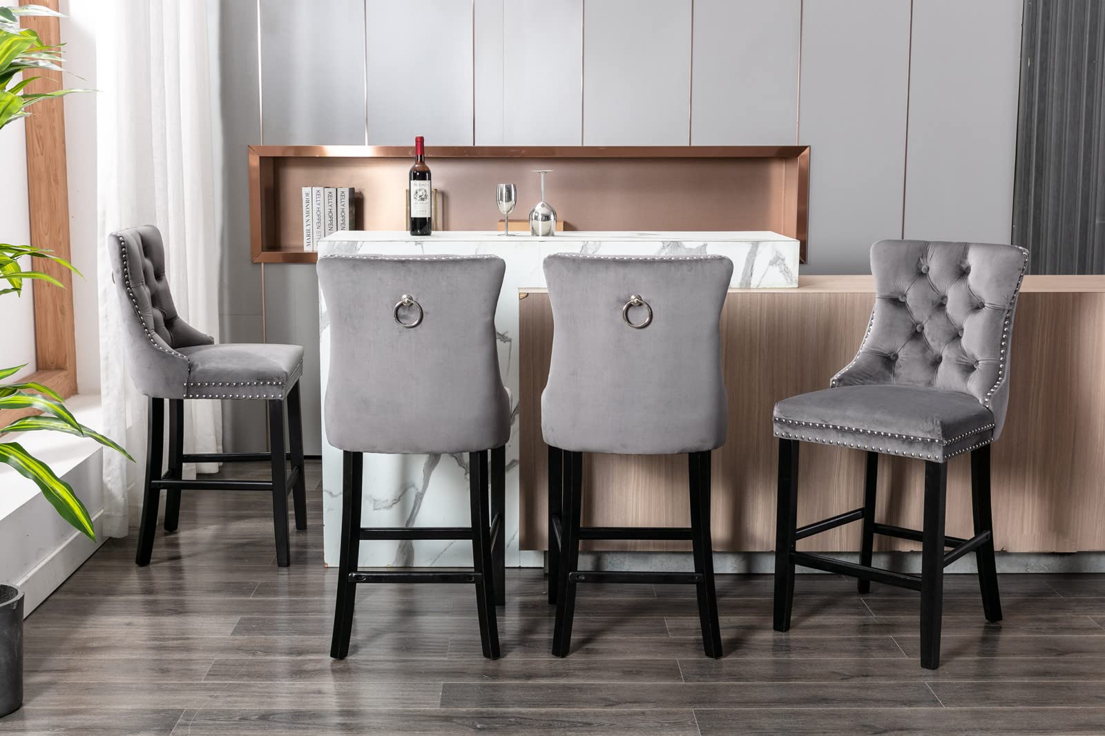 Velvet Bar Stools Set of 2 - Farmhouse Style Button Tufted Counter Height Dining Chairs with Back Support & Footrest - Nail Head Trim & Pull Ring Bar Stools for Kitchen Island, Home Bar, Breakfast Nook - Comfortable Gray Upholstered Seating for Entertaining & Relaxing