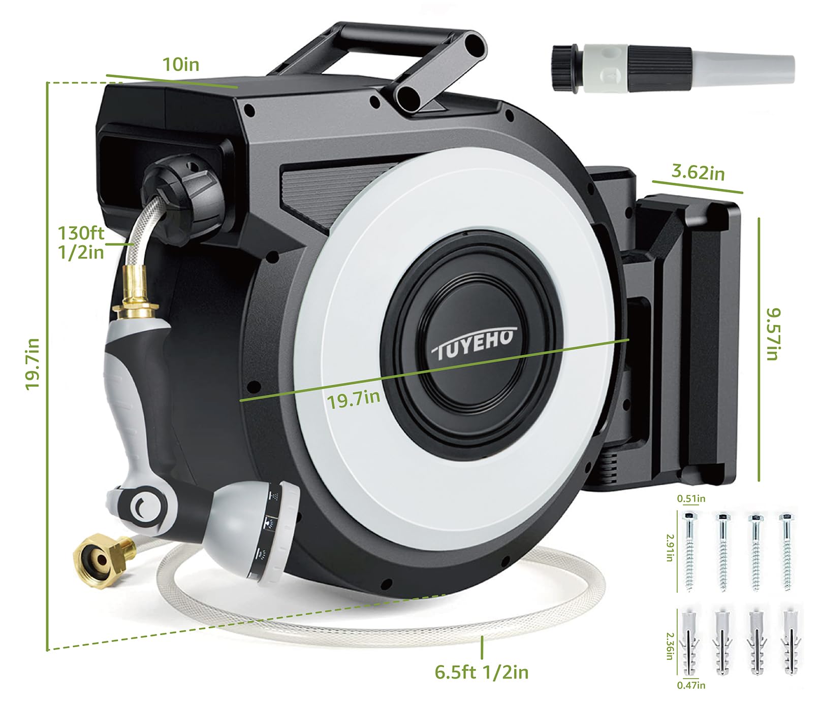 Tuyeho 130 FT Retractable Garden Hose Reel - Heavy Duty Wall Mount Water Hose Reel with Automatic Slow Rewind System - Includes 2 Hose Nozzles - Perfect for Garden Watering, Car Washing, Pet Bathing & Outdoor Cleaning