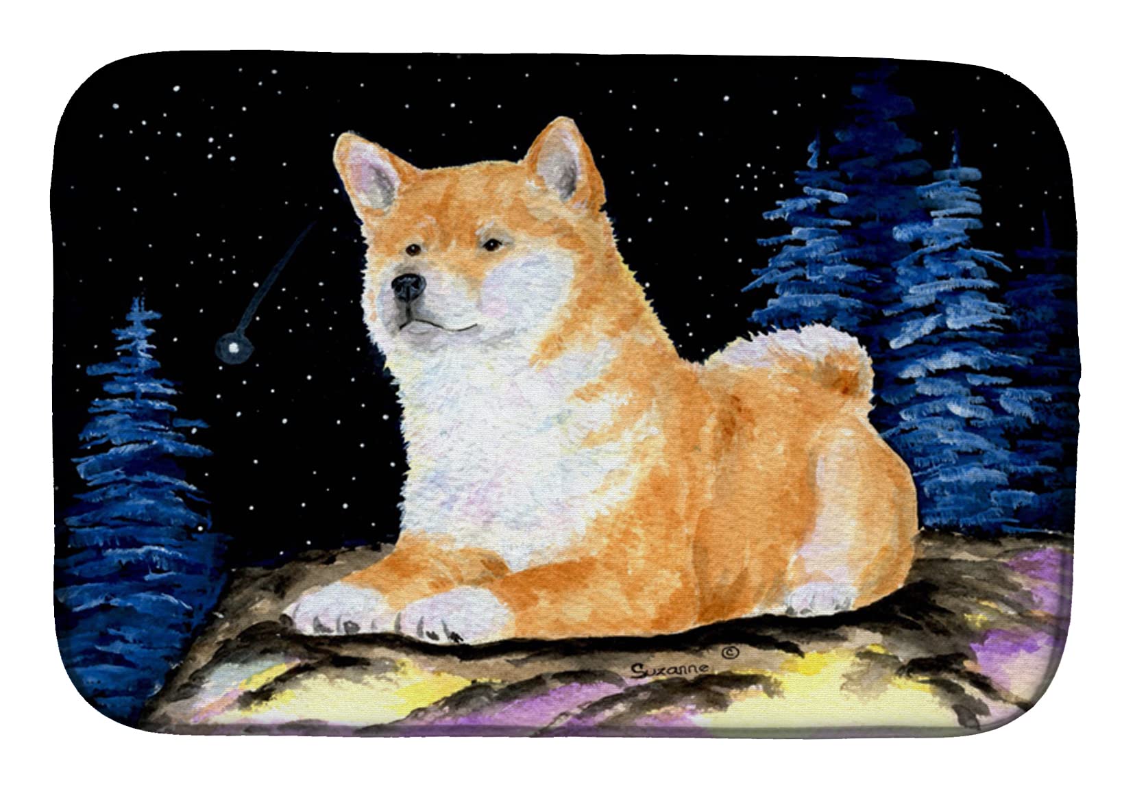 Starry Night Shiba Inu Dish Drying Mat - Absorbent Kitchen Counter Pad (14x21