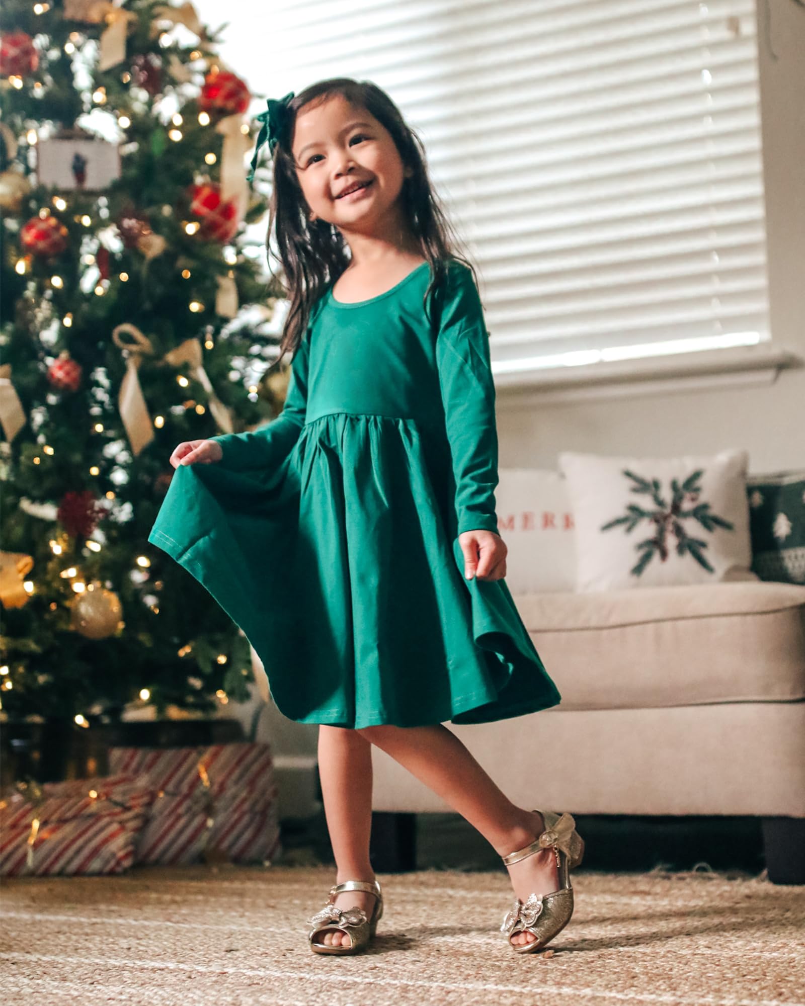 Stelle Long Sleeve Girls Cotton A-Line Dress - White Toddler Skater Twirl Dress for School, Casual Wear & Easter Celebrations | Perfect for Playdates, Parties and Special Occasions