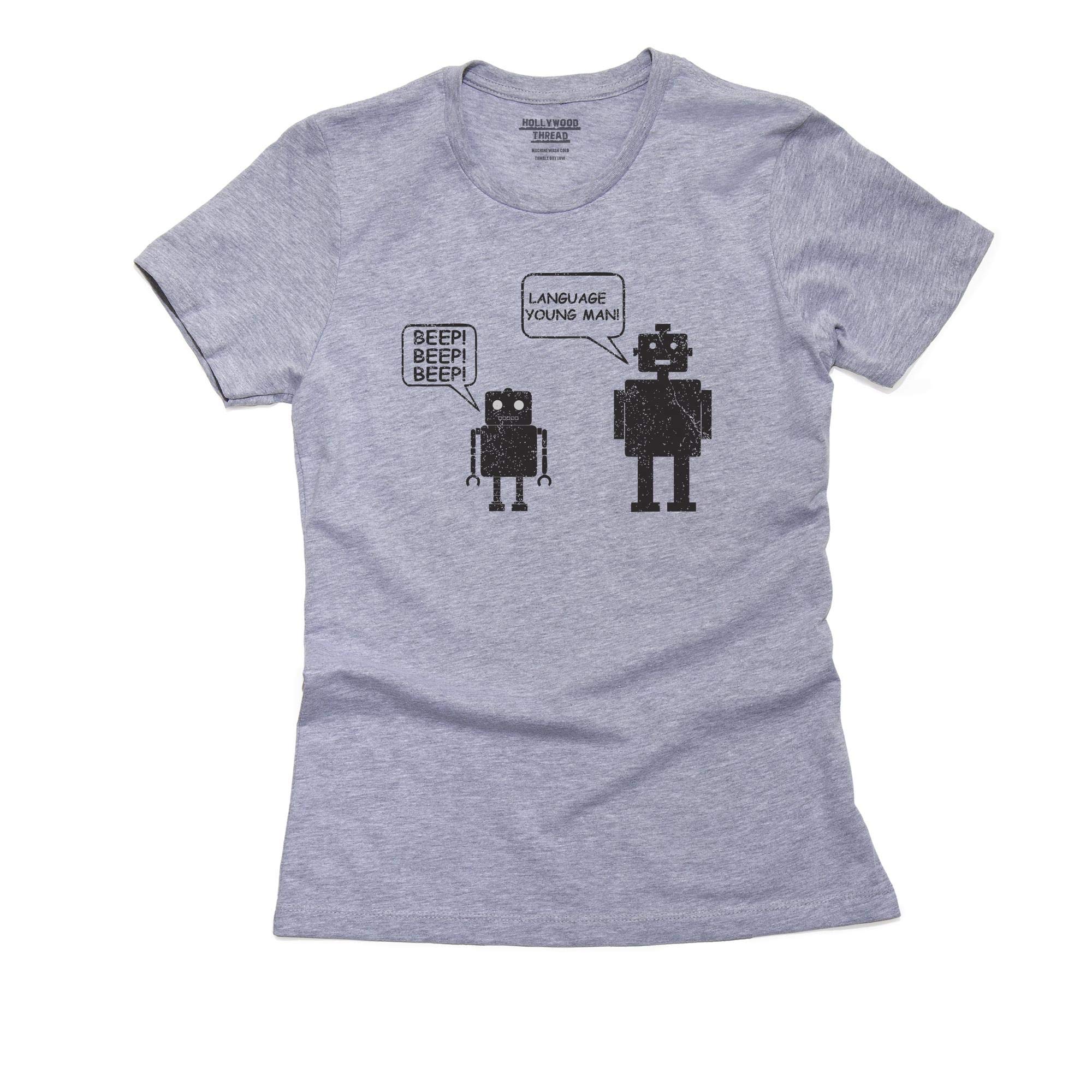 Funny Father Son Robots Watch Your Language Women's Cotton T-Shirt - Cool Graphic Tee for Casual Wear, Gifts & Family Events