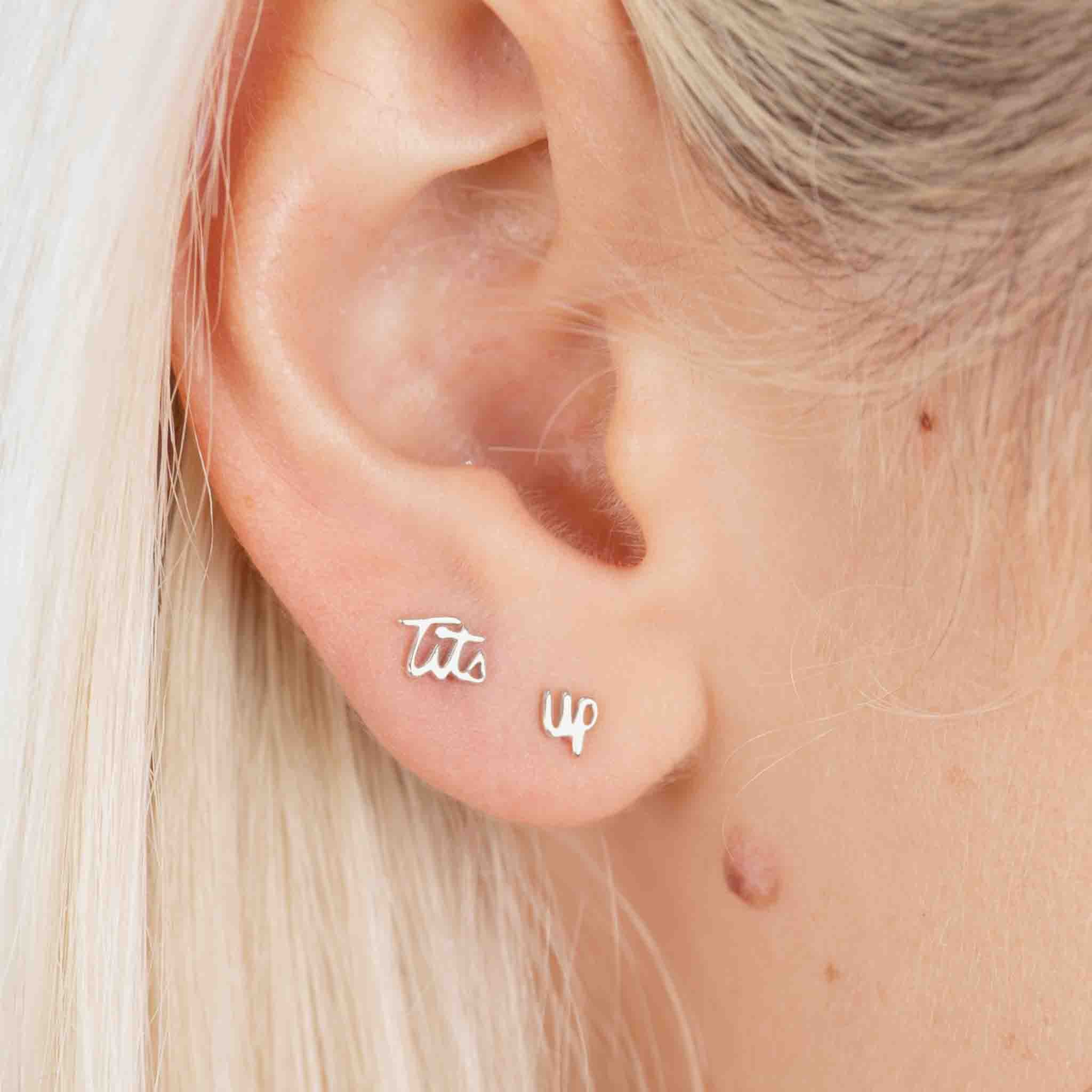 Tits Up Script Studs - Stylish Rhinestone Embellished Stud Earrings for Women | Perfect for Parties, Weddings & Special Occasions