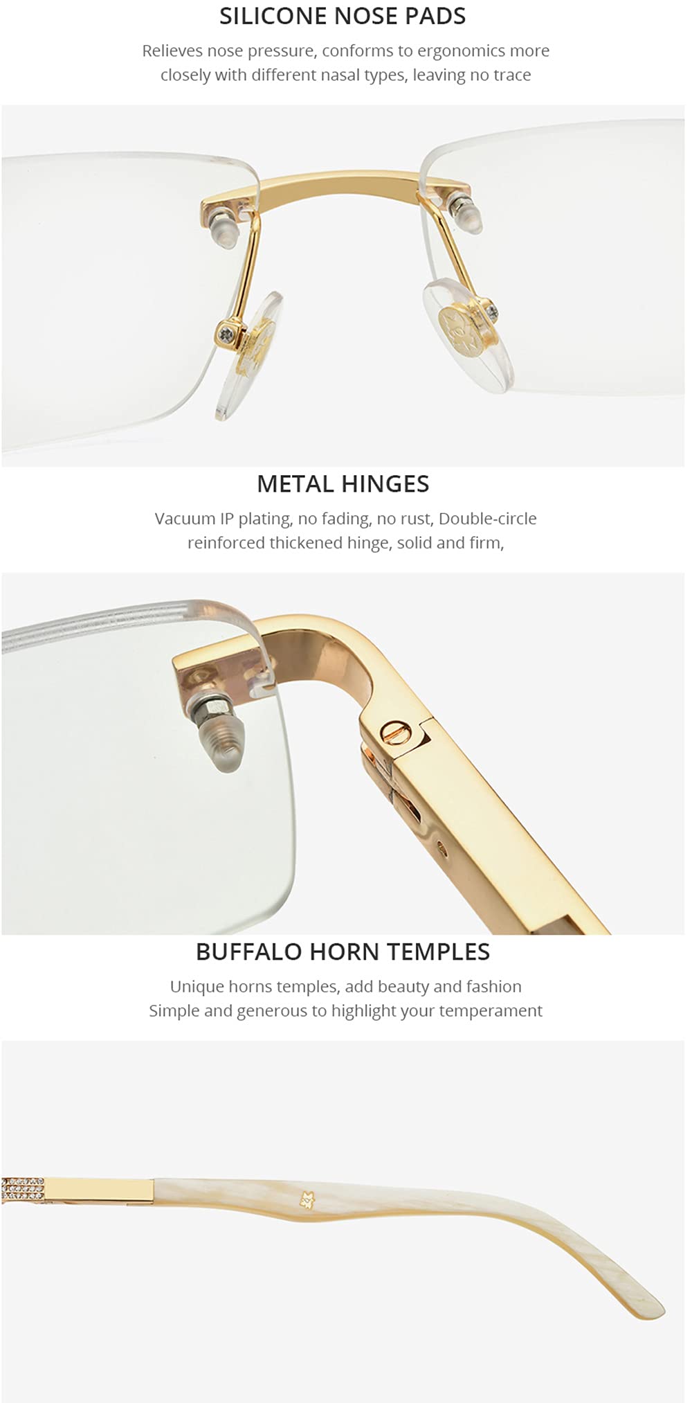 Hepidem 100% Genuine Buffalo Horn Square Rimless Luxury Eyeglasses with Zircon Diamonds - Premium Reading Glasses for Men & Women, Perfect for Office, Driving, and Fashion Accessories
