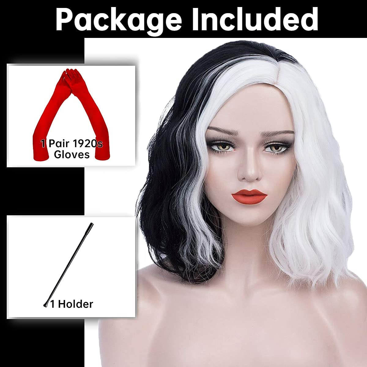 Black and White Cruella De Vil Costume Wig for Women - 1920s Style Bob Wig with Red Gloves, Synthetic Cosplay Wig for Halloween & Themed Parties (Wig R028)