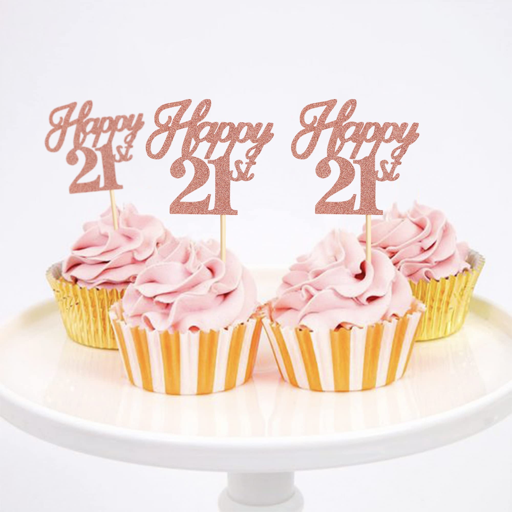 24 Pack Rose Gold Glitter 21st Birthday Cupcake Toppers - Happy 21st Cupcake Picks for Wedding, Anniversary & Party Cake Decorations - Cheers to 21 Cupcake Decor Supplies (Perfect for Milestone Celebrations & Dessert Displays)