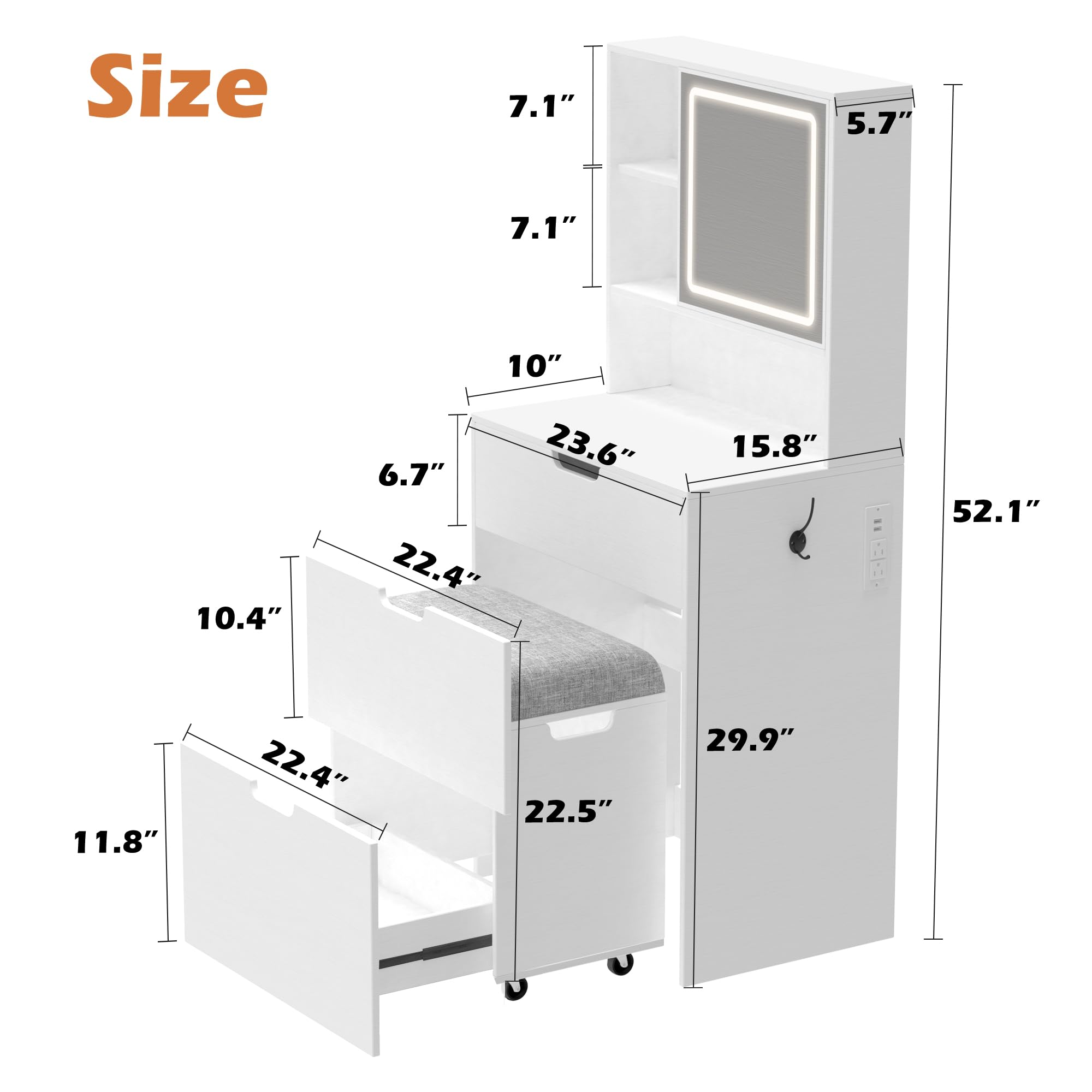 Compact White Makeup Vanity Set with 3 Adjustable LED Mirrors, Storage Chair & Power Outlets - Space-Saving Dressing Table for Small Bedrooms, Apartments & Dorm Rooms - Perfect for Daily Beauty Routine & Makeup Organization