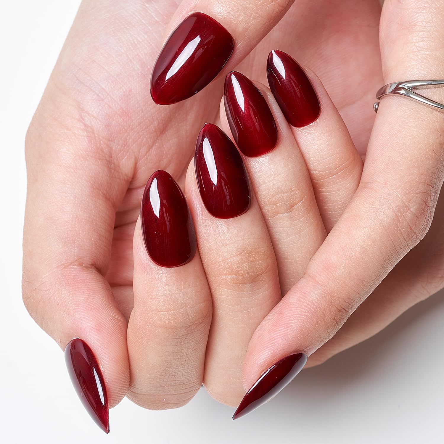 GLAMERMAID Dark Red Press On Nails Short Almond Shape - Blood Scarlet Red Handmade Soft Jelly Gel Fake Nails for Women | Burgundy & Deep Red Oval Stick-On Nails Kit with Glue | Reusable Acrylic False Nails Set for Parties, Weddings & Everyday Wear