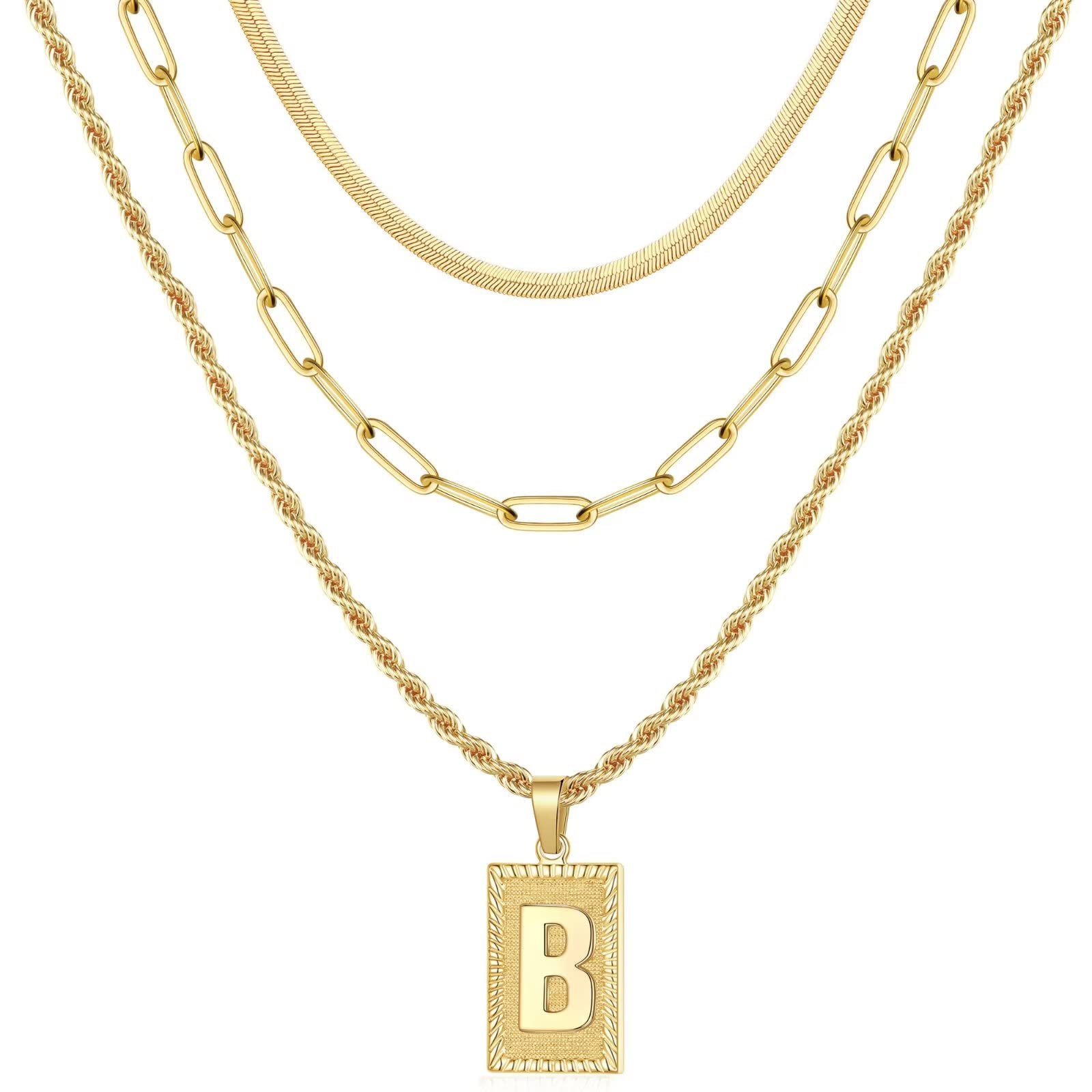 14K Gold Plated Layered Initial Necklaces for Women - Dainty Paperclip Chain, Snake Choker & Square Pendant Letter Jewelry | Perfect for Layering, Everyday Wear & Gift Giving