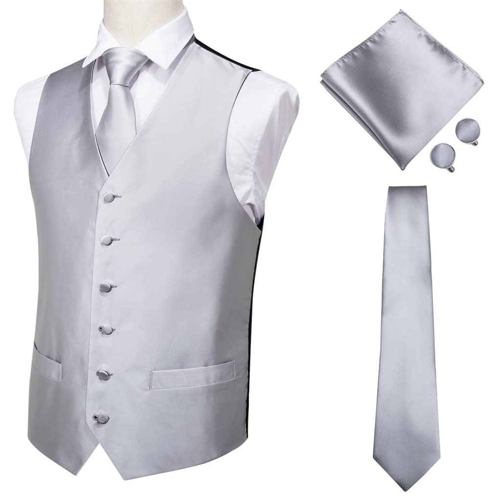 Men's Silk Vest Gray Solid Formal Business Suit Vest Set with Handkerchief & Cufflinks - Perfect for Weddings, Parties & Office Wear (Color: A, Size: L)