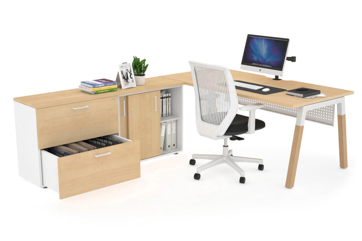 Premium Quadro A-Legs Executive Desk - Solid Wood Legs with White Cross Beam [1600L x 800W] - Modern Office Furniture for Home & Workspace - Includes Cable Management Scallop for Neat Setup