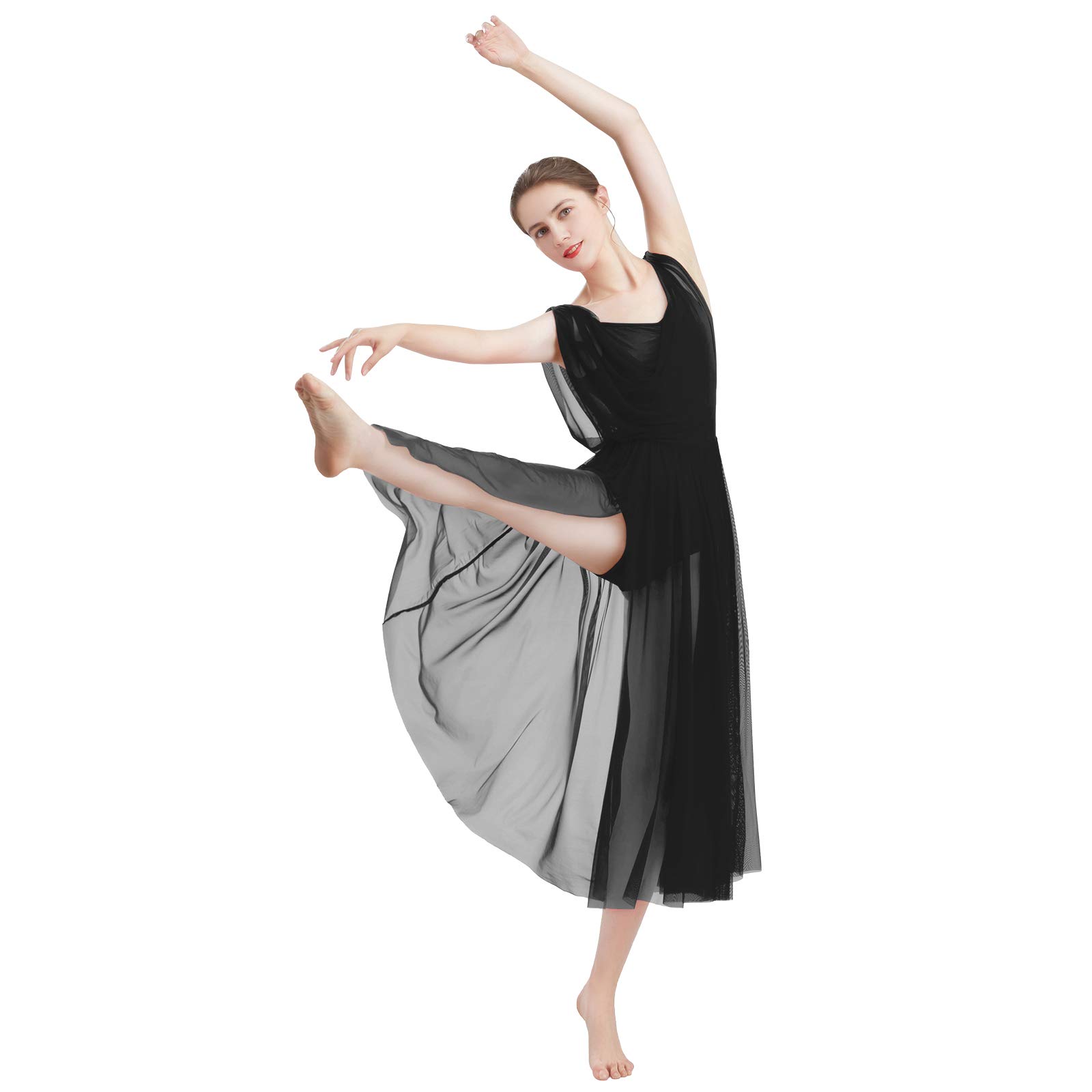 ODASDO Women's Lyrical Modern Contemporary Dance Costume - V-Neck Backless Leotard with Split Tulle Skirt & Flowy Overlay Dress for Ballet, Jazz, and Performance