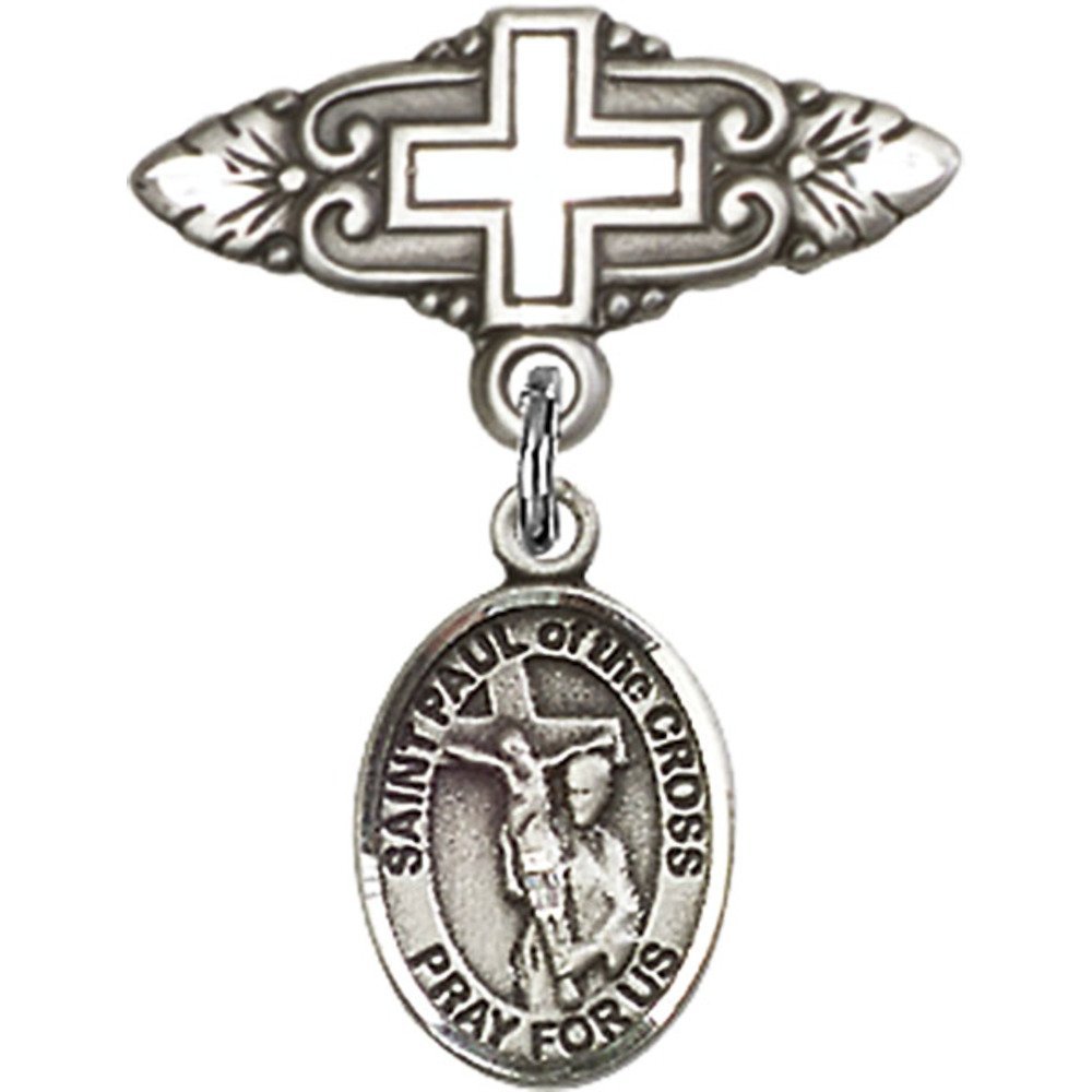 St. Paul of The Cross Sterling Silver Baby Badge with Charm & Pin - 1 X 3/4 Inch Religious Jewelry for Baptism, First Communion & Christening Gifts