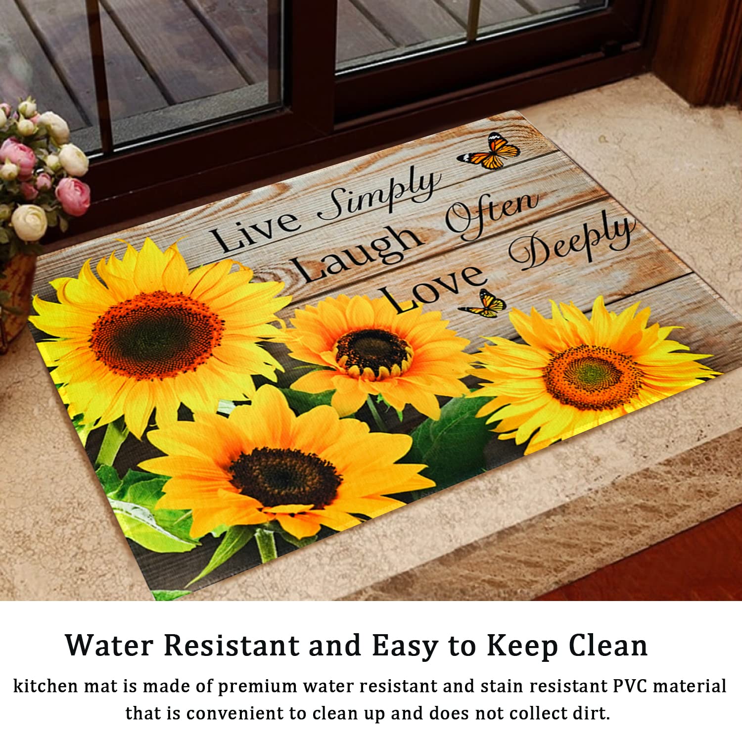 2-Pack Sunflower Kitchen Rugs - Non-Slip Washable Anti-Fatigue Mats with Wooden Background - Farmhouse Decor for Standing Comfort (17x30 + 17x47 Inches) - Perfect for Kitchens, Entryways, and Laundry Rooms