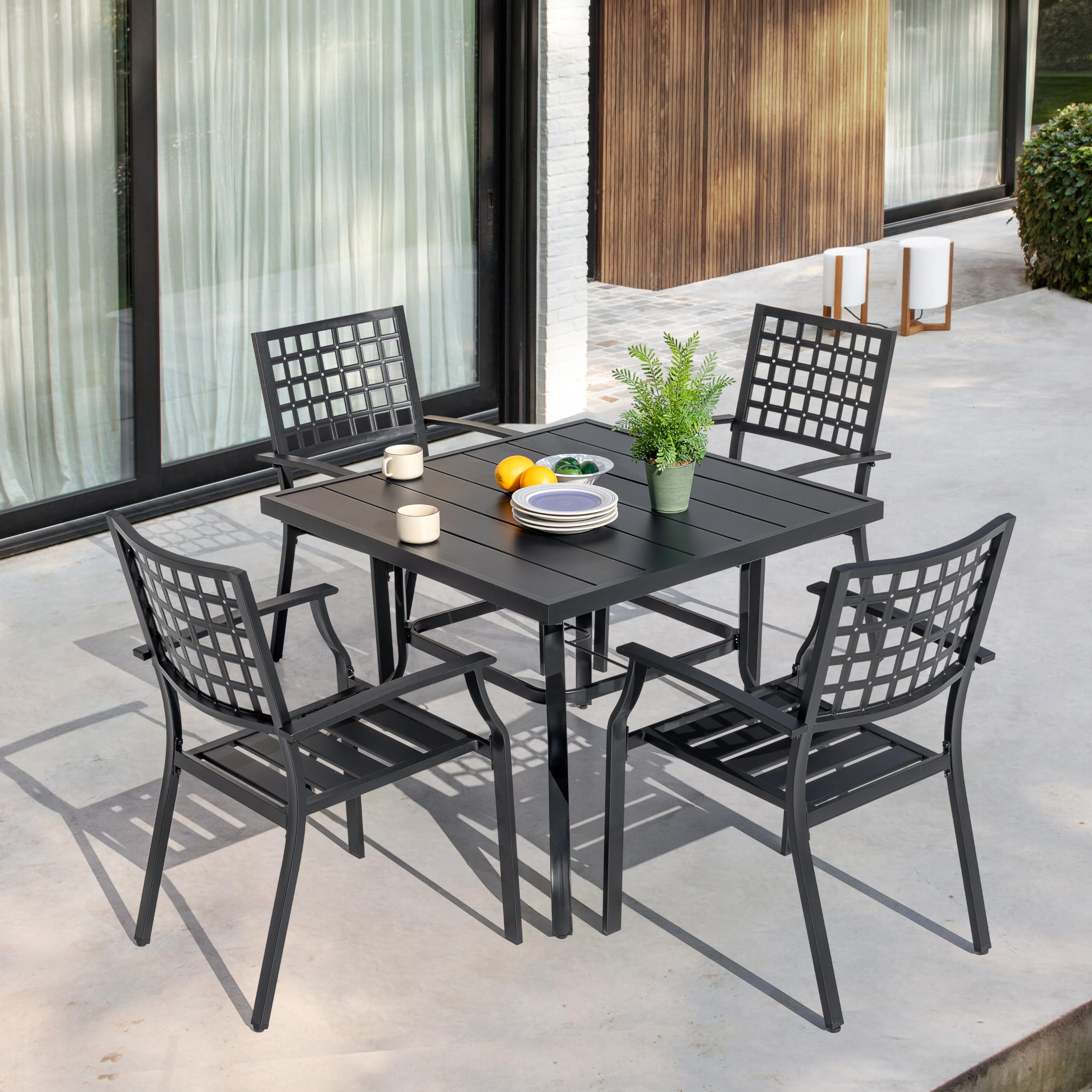 NUU GARDEN Patio Dining Chairs Set of 2 - 300Lbs Capacity Stackable Outdoor Metal Chairs with Armrests - Wrought Iron Patio Furniture for Backyard, Lawn, Deck, Poolside, Porch, Bistro - Perfect for Outdoor Dining, Relaxing & Entertaining - Black