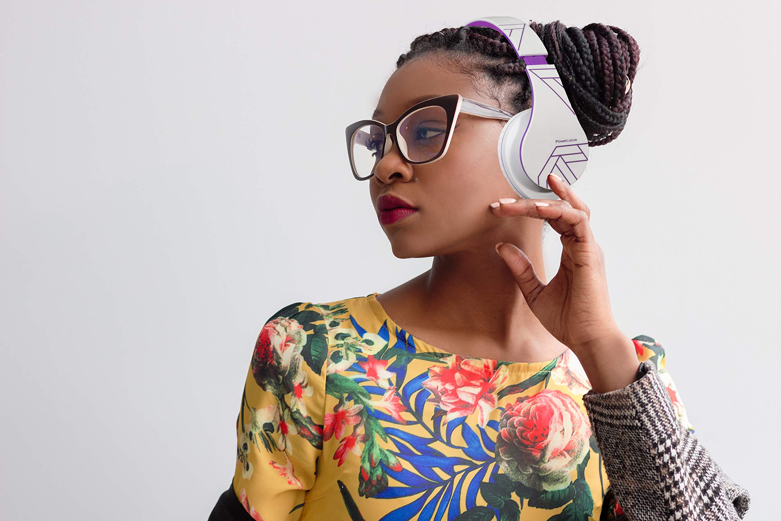 PowerLocus Bluetooth Over-Ear Headphones - Wireless & Wired Stereo Headset with Built-in Mic, Foldable Design, Micro SD/TF & FM Radio - Compatible with iPhone, Samsung, iPad, PC (White/Violet) - Perfect for Travel, Workouts & Home Entertainment