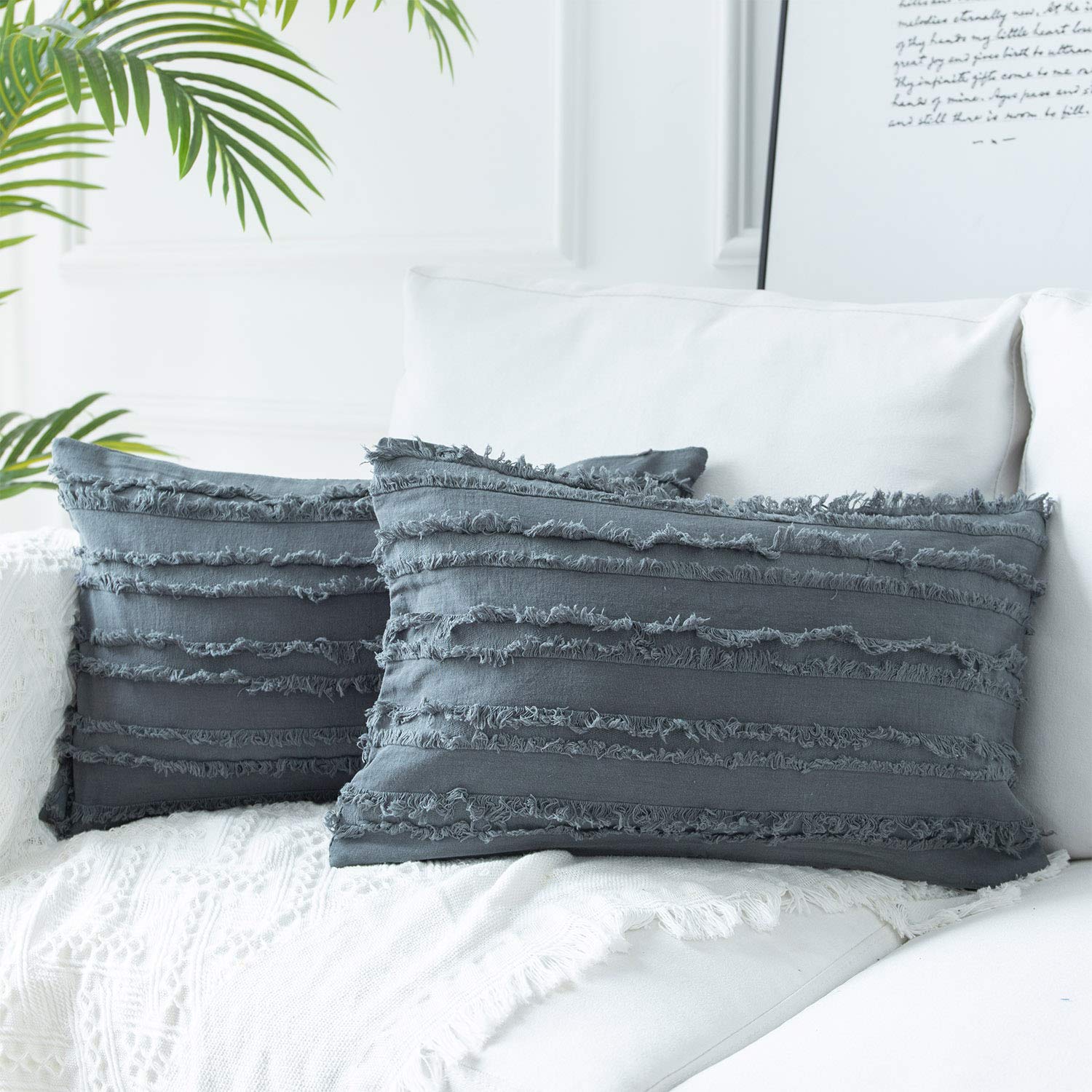 JUSPURBET Farmhouse Lumbar Pillow Covers 12x20 Inches - Cotton Linen Striped Cushion Case with Tassels for Sofa, Couch, Bed - Soft Decorative Throw Pillow Cover in Gray - Perfect for Living Room, Bedroom & Home Decor