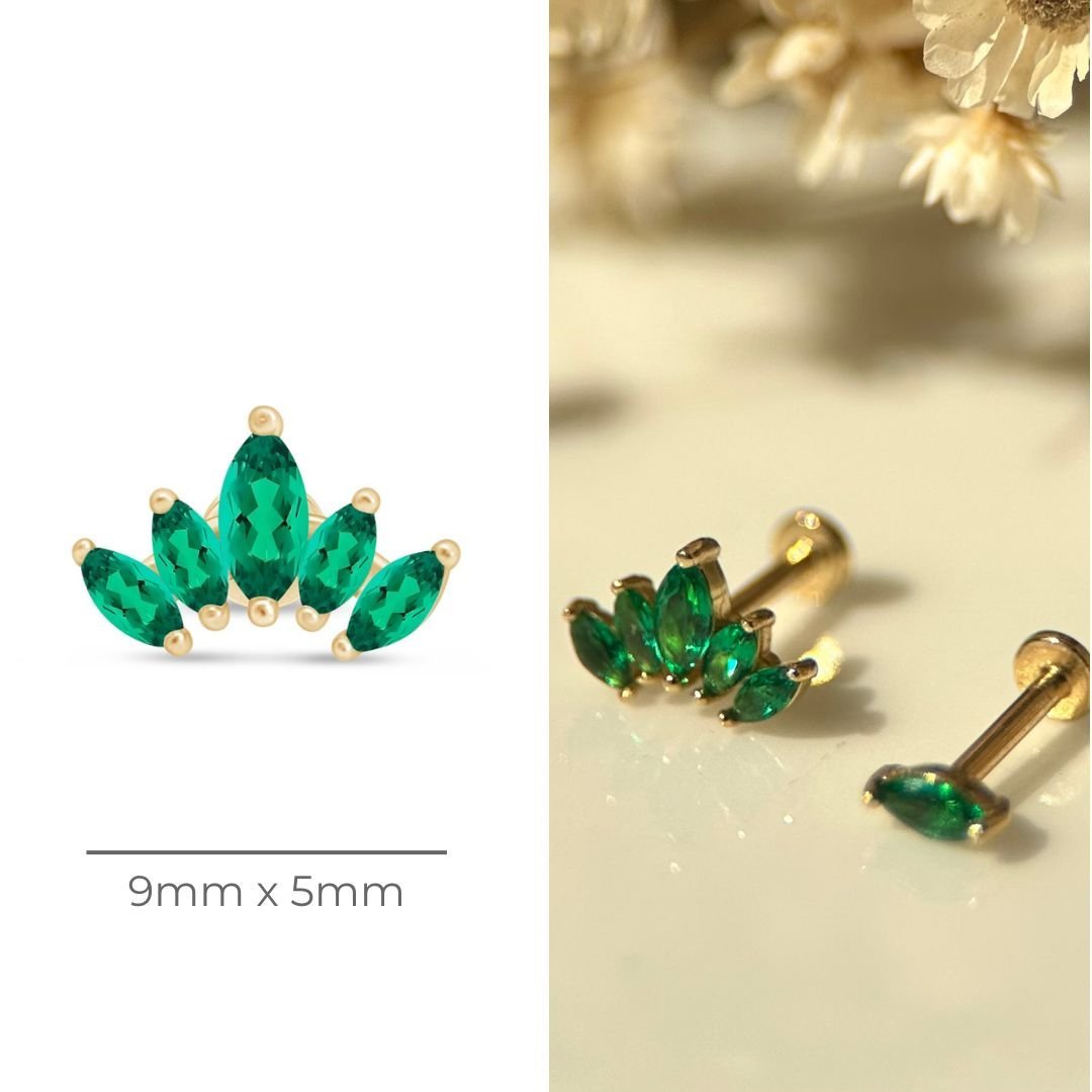 14K Yellow Gold Marquise Cut Five Petal Emerald Lotus Stud Earrings - Perfect for Weddings, Parties & Everyday Elegance
