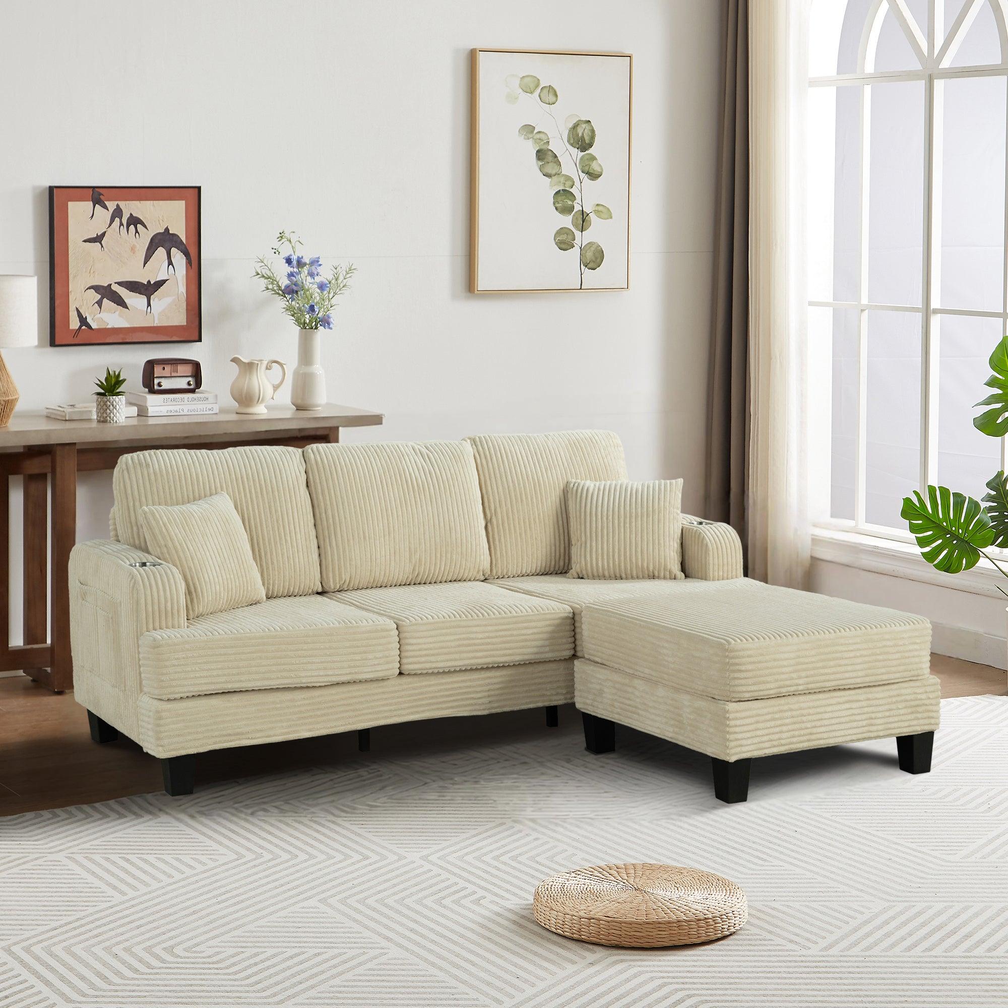 Beige 3-Piece Sectional Sofa Set with Storage Ottoman - 3-Seater Couch & Loveseat for Living Room, Includes USB Charging Ports, Side Pockets & Throw Pillows - Perfect for Family Gatherings, Movie Nights and Small Space Apartments
