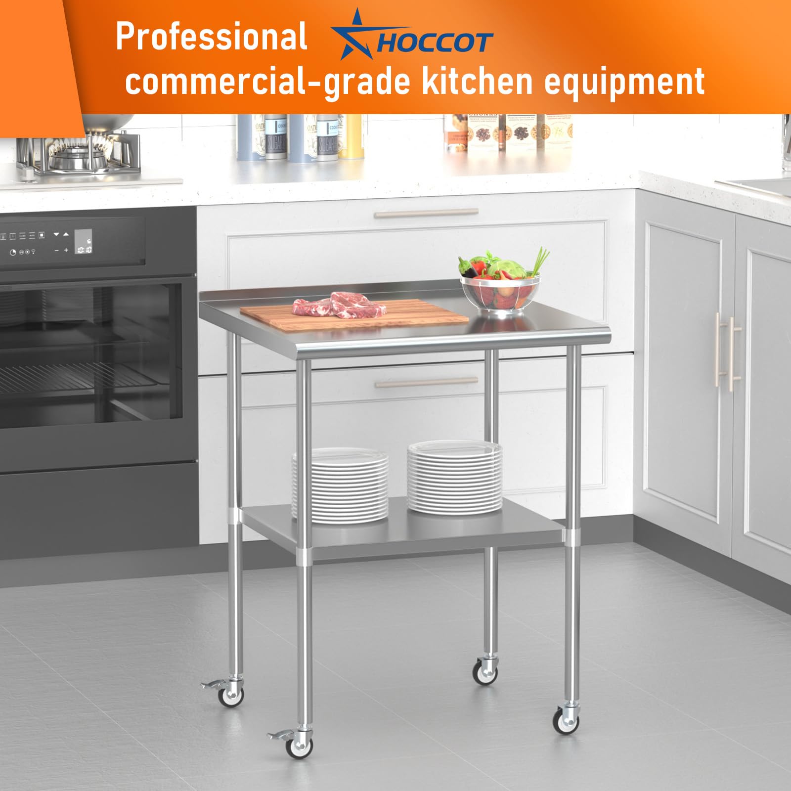 Stainless Steel Prep & Work Table with Adjustable Shelf, Backsplash & Wheels - 30