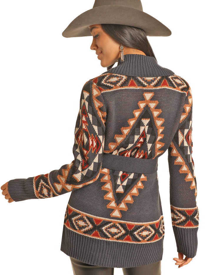 Panhandle DW95C04143 Women's Aztec Print Robe Cardigan Sweater - Navy Blue - Cozy Loungewear for Home & Relaxation