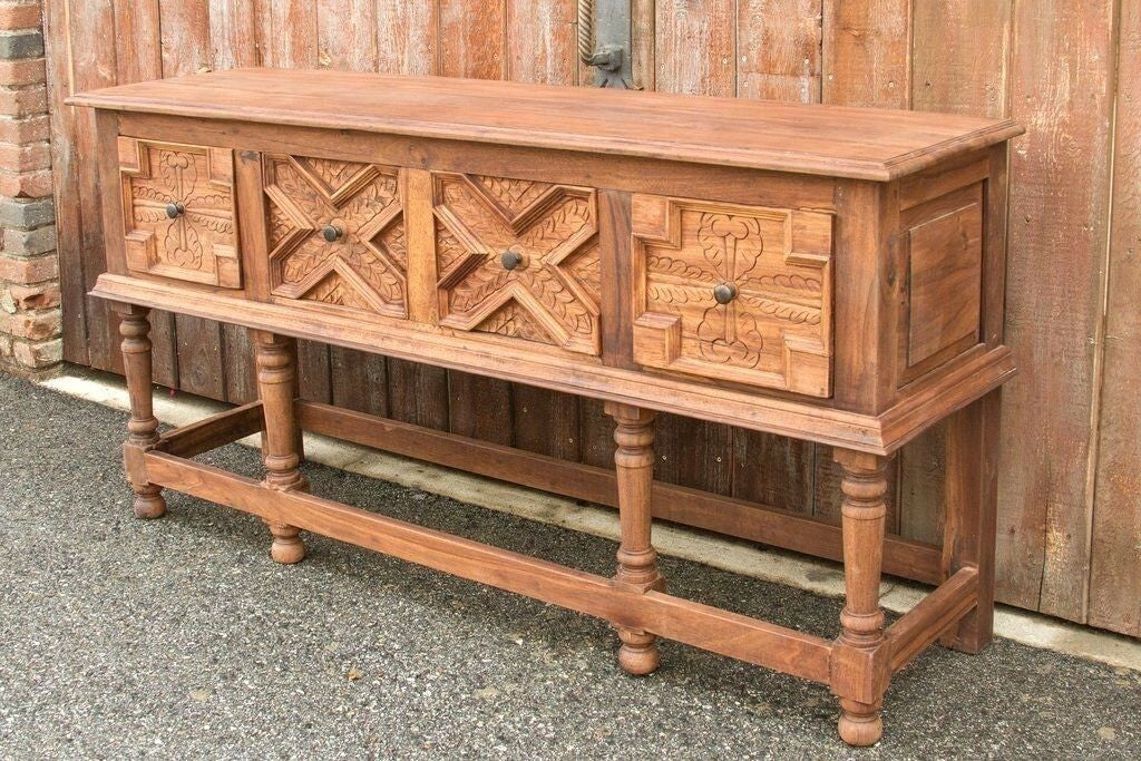 Hand Carved Solid Wood Hallway Console Table 140cm - Entryway Sofa Table for Living Room, Bedroom & Foyer Decor