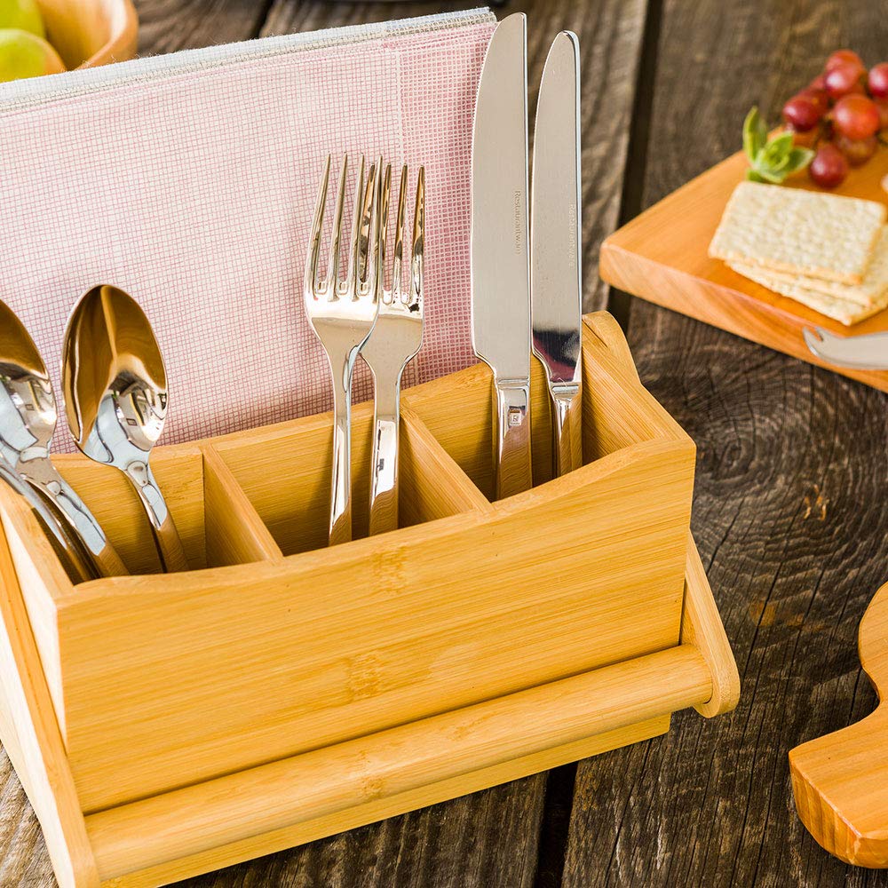 Restaurantware 8.25 x 5 x 9.25 Inch Silverware Caddy with Napkin Holder - Durable Outdoor Utensil Organizer with Built-In Handle, 4 Slots for Knives Forks Spoons - Bamboo Picnic & Camping Essential for Outdoor Dining