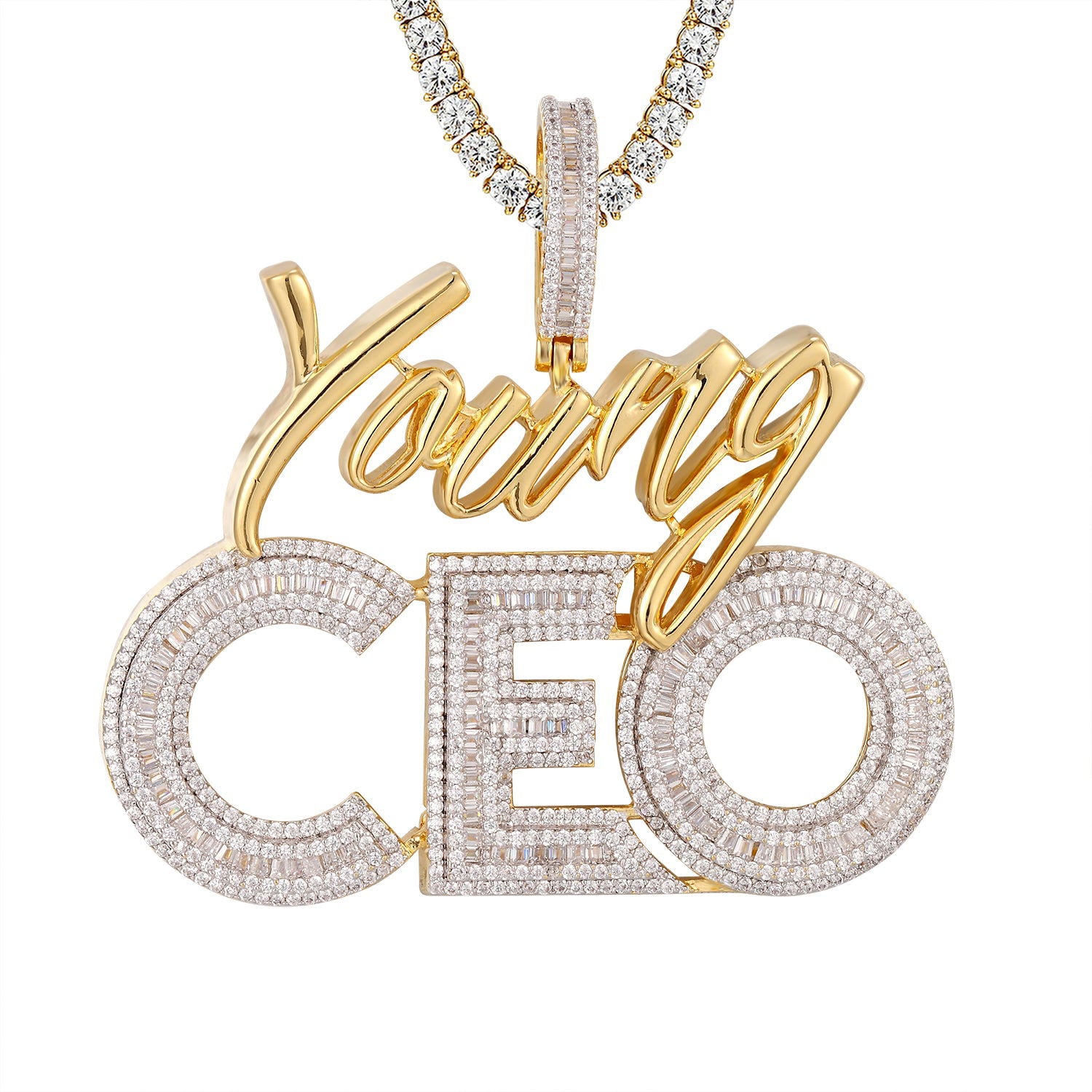 Gold Tone Young CEO Rich Life Baguette Icy Custom Pendant Necklace - Luxury Hip Hop Jewelry for Men, Perfect for Gifts, Parties & Streetwear Fashion