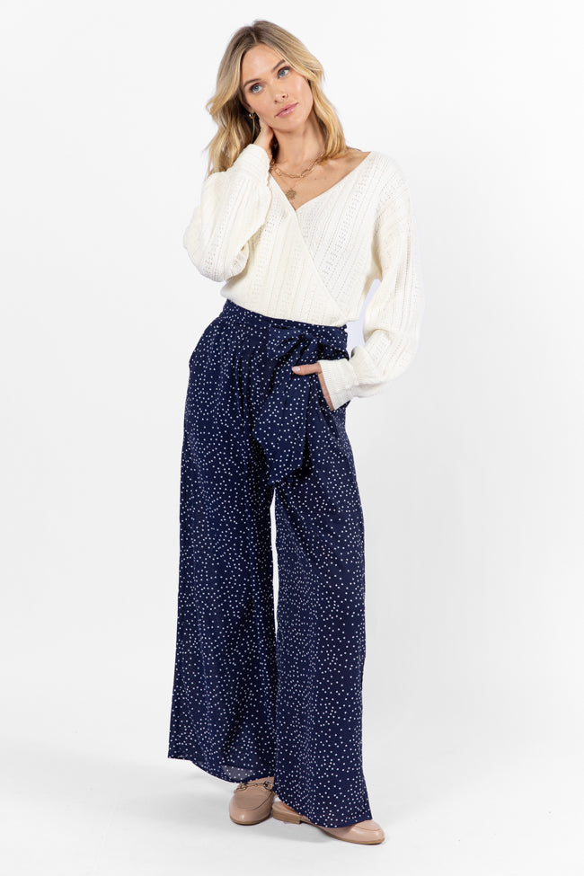 Over The Blues Navy Polka Dot Belted Wide Leg Pants for Women - High Waisted Comfortable Lounge & Office Pants - Perfect for Casual Wear, Work Outfits and Relaxing at Home