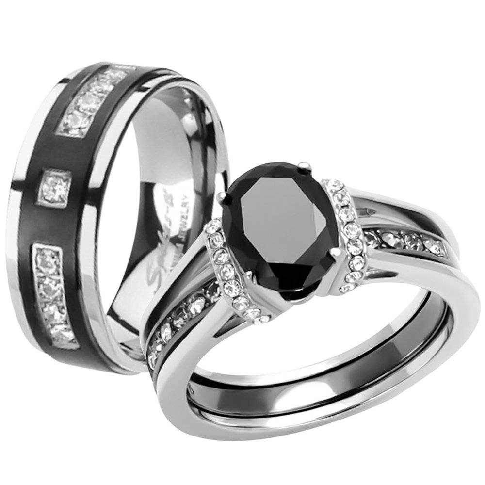 Marimor Black Cubic Zirconia Wedding Rings Set for Couples - Perfect for Engagements & Anniversaries
